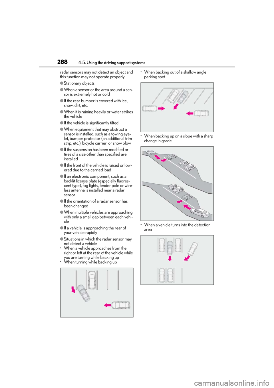 LEXUS LS500H 2020  Owners Manual 2884-5. Using the driving support systems
radar sensors may not detect an object and 
this function may not operate properly
●Stationary objects
●When a sensor or the area around a sen-
sor is ext