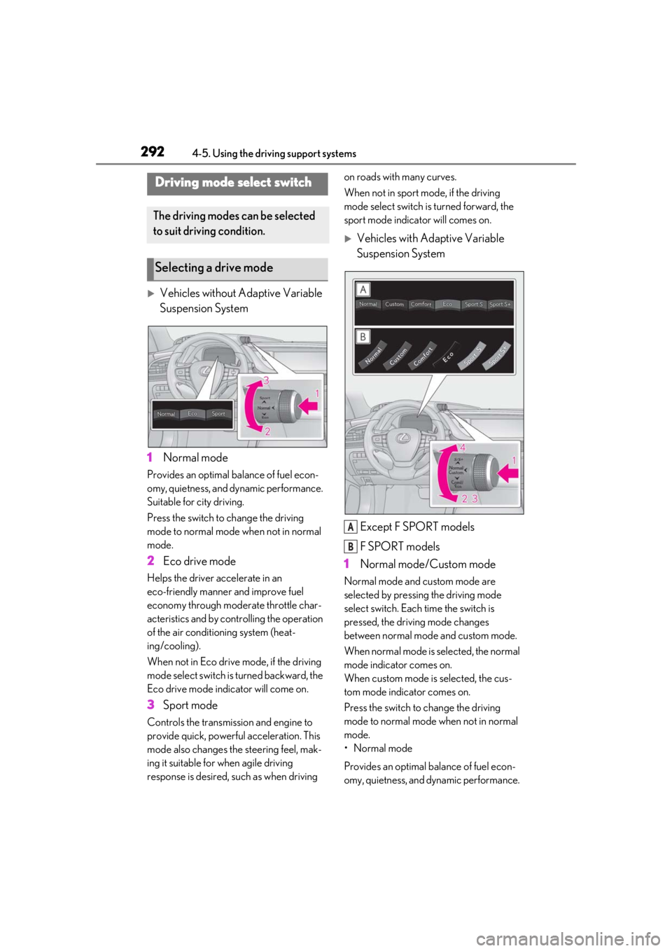 LEXUS LS500H 2020 Service Manual 2924-5. Using the driving support systems
Vehicles without Adaptive Variable
Suspension System
1 Normal mode
Provides an optimal ba lance of fuel econ-
omy, quietness, and dynamic performance.
Su LEXUS LS500H 2020 Service Manual 2924-5. Using the driving support systems
Vehicles without Adaptive Variable
Suspension System
1 Normal mode
Provides an optimal ba lance of fuel econ-
omy, quietness, and dynamic performance.
Su