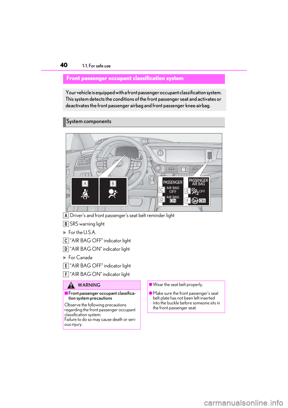 LEXUS LS500H 2020 User Guide 401-1. For safe use
Driver’s and front passenger’s seat belt reminder light
SRS warning light
For the U.S.A.“AIR BAG OFF” indicator light
“AIR BAG ON” indicator light
For Canada“AI