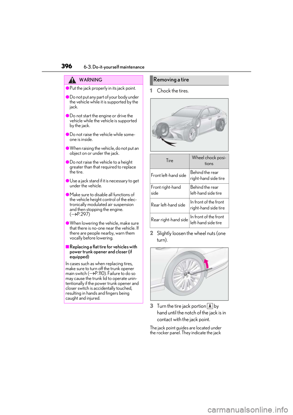 LEXUS LS500H 2020 Service Manual 3966-3. Do-it-yourself maintenance
1Chock the tires.
2
Slightly loosen the wheel nuts (one
turn).
3
Turn the tire jack portion by
hand until the notch of the jack is in
contact with the jack poin LEXUS LS500H 2020 Service Manual 3966-3. Do-it-yourself maintenance
1Chock the tires.
2
Slightly loosen the wheel nuts (one
turn).
3
Turn the tire jack portion by
hand until the notch of the jack is in
contact with the jack poin