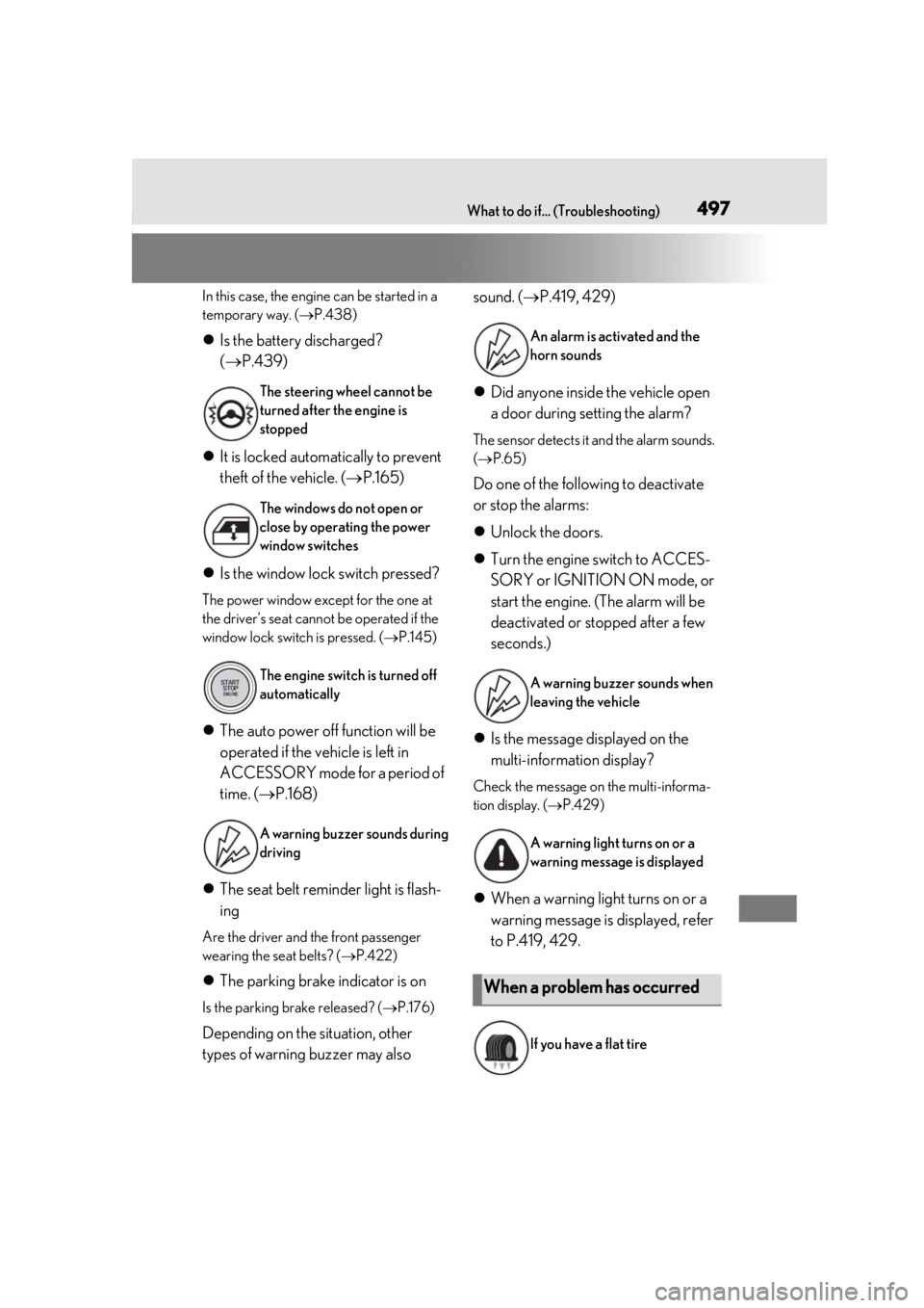 LEXUS LS500H 2020 Service Manual 497What to do if... (Troubleshooting)
In this case, the engine can be started in a
temporary way. (P.438)
Is the battery discharged?
( P.439)
It is locked automatically to prevent
thef LEXUS LS500H 2020 Service Manual 497What to do if... (Troubleshooting)
In this case, the engine can be started in a
temporary way. (P.438)
Is the battery discharged?
( P.439)
It is locked automatically to prevent
thef