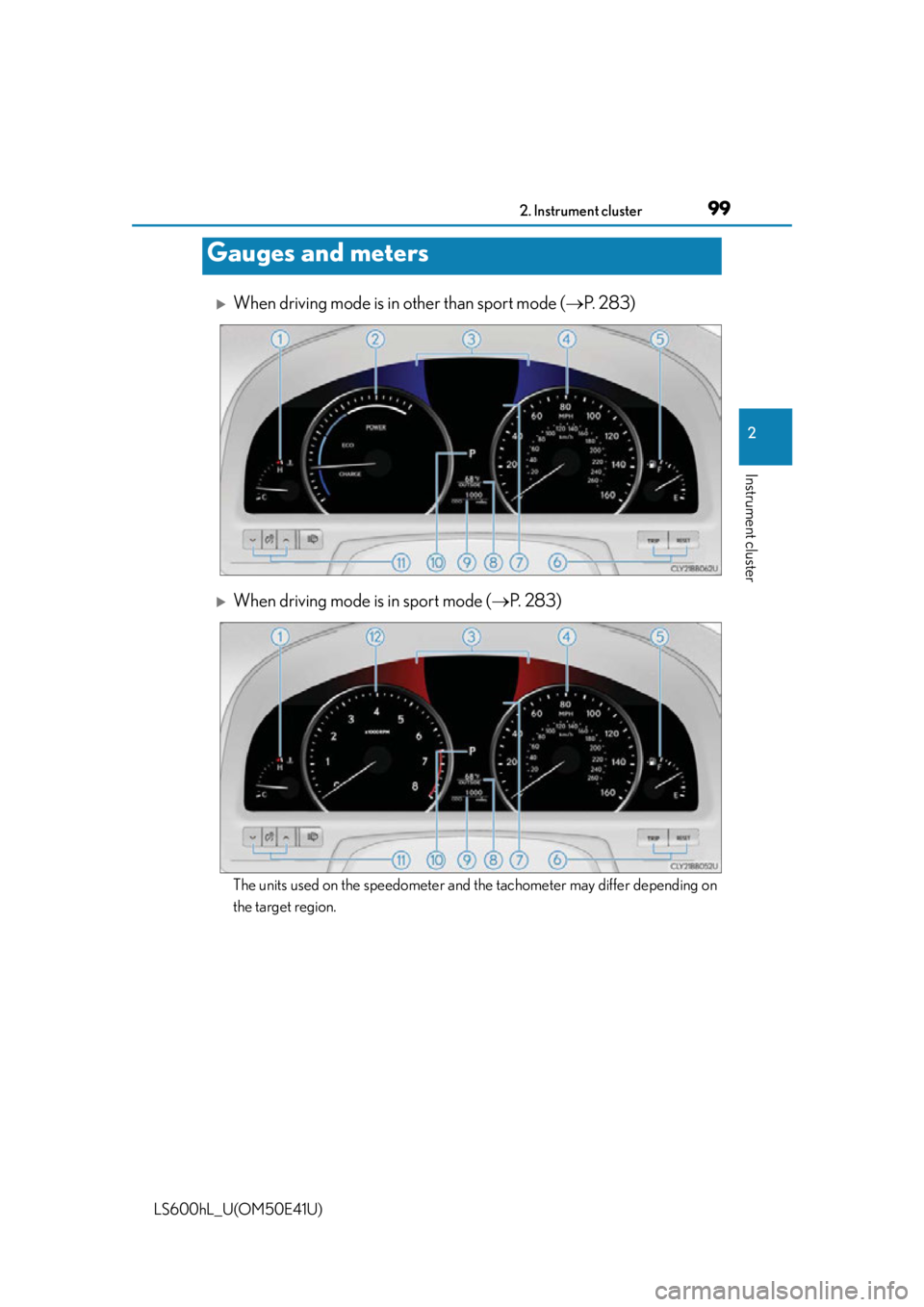 LEXUS LS600H 2015 Owners Manual 992. Instrument cluster
2
Instrument cluster
LS600hL_U(OM50E41U)
When driving mode is in other than sport mode (P. 283)
When driving mode is in sport mode ( P. 283)
The units used on the s LEXUS LS600H 2015 Owners Manual 992. Instrument cluster
2
Instrument cluster
LS600hL_U(OM50E41U)
When driving mode is in other than sport mode (P. 283)
When driving mode is in sport mode ( P. 283)
The units used on the s