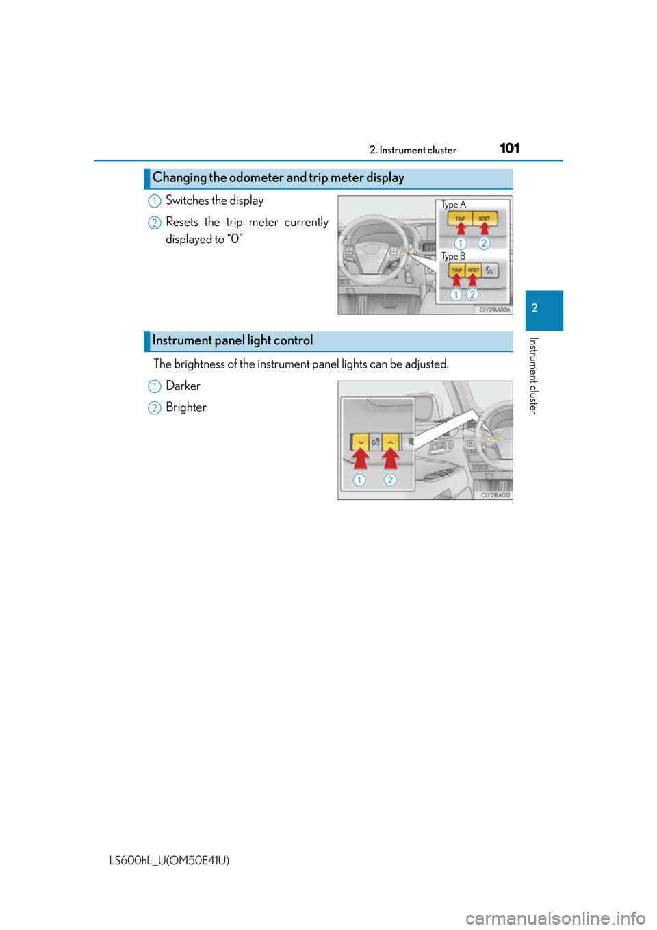 LEXUS LS600H 2015  Owners Manual 1012. Instrument cluster
2
Instrument cluster
LS600hL_U(OM50E41U)
Switches the display
Resets the trip meter currently
displayed to “0”
The brightness of the instrument  panel lights can be adjust