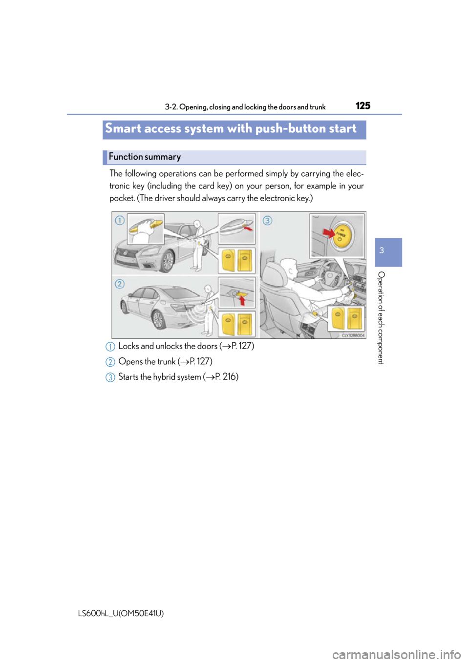 LEXUS LS600H 2015 Owners Manual 125
3
Operation of each component
LS600hL_U(OM50E41U)
3-2. Opening, closing and locking the doors and trunk
The following operations can be performed simply by carrying the elec-
tronic key (including LEXUS LS600H 2015 Owners Manual 125
3
Operation of each component
LS600hL_U(OM50E41U)
3-2. Opening, closing and locking the doors and trunk
The following operations can be performed simply by carrying the elec-
tronic key (including