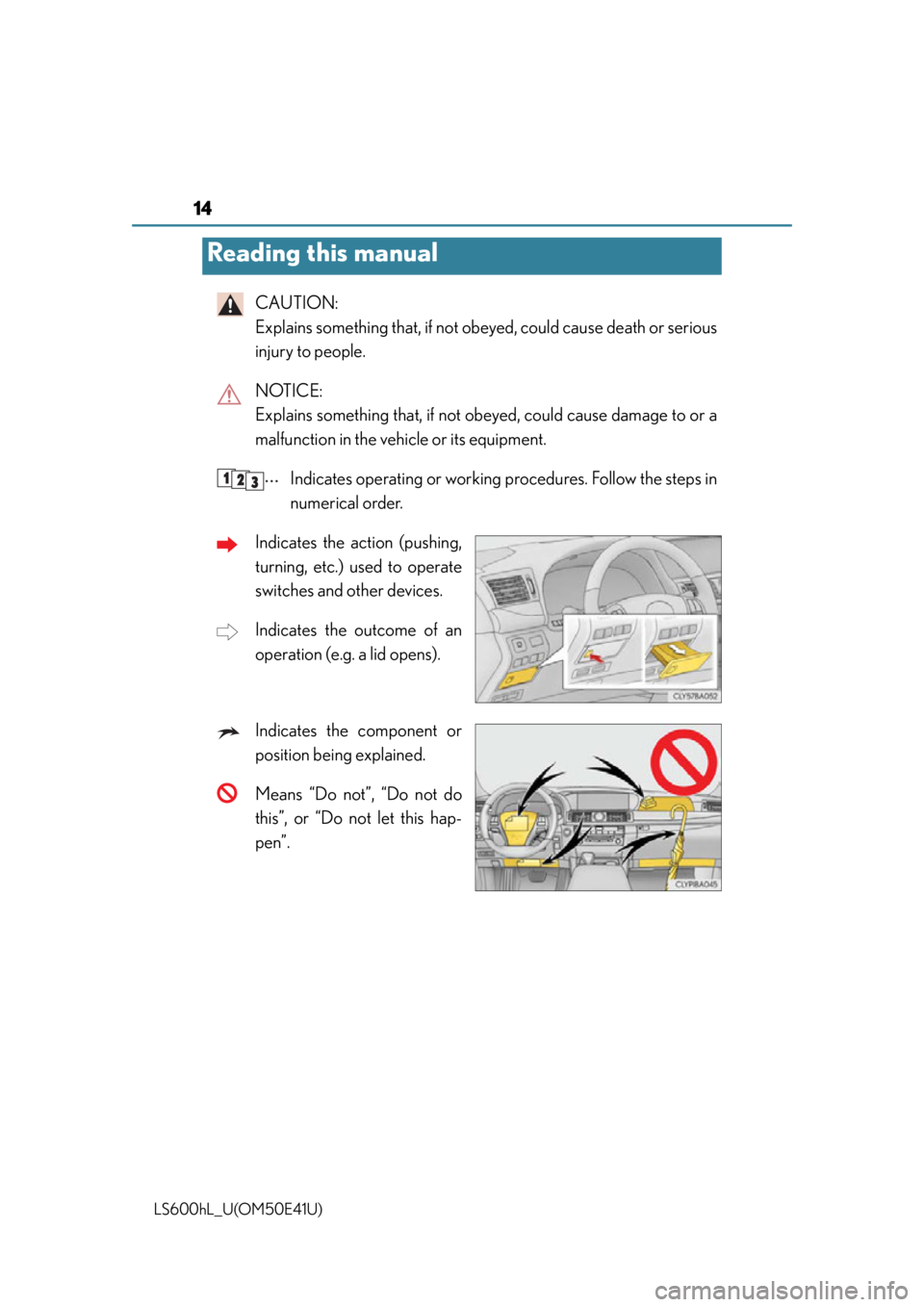 LEXUS LS600H 2015 User Guide 14
LS600hL_U(OM50E41U)
CAUTION:
Explains something that, if not obeyed, could cause death or serious
injury to people.
NOTICE:
Explains something that, if not obey ed, could cause damage to or a
mal LEXUS LS600H 2015 User Guide 14
LS600hL_U(OM50E41U)
CAUTION:
Explains something that, if not obeyed, could cause death or serious
injury to people.
NOTICE:
Explains something that, if not obey ed, could cause damage to or a
mal