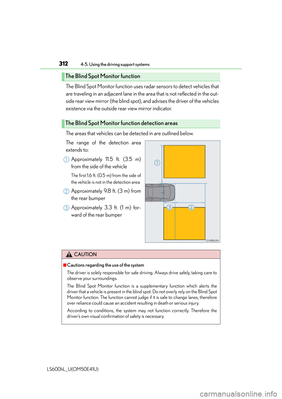 LEXUS LS600H 2015 Service Manual 3124-5. Using the driving support systems
LS600hL_U(OM50E41U)
The Blind Spot Monitor function uses radar sensors to detect vehicles that
are traveling in an adjacent lane in the area that is not refl LEXUS LS600H 2015 Service Manual 3124-5. Using the driving support systems
LS600hL_U(OM50E41U)
The Blind Spot Monitor function uses radar sensors to detect vehicles that
are traveling in an adjacent lane in the area that is not refl