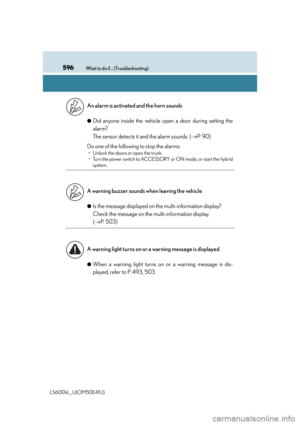 LEXUS LS600H 2015 Service Manual 596What to do if... (Troubleshooting)
LS600hL_U(OM50E41U)●
Did anyone inside the vehicle op
en a door during setting the
alarm? 
The sensor detects it and the alarm sounds. ( P.  9 0 )
Do one of 