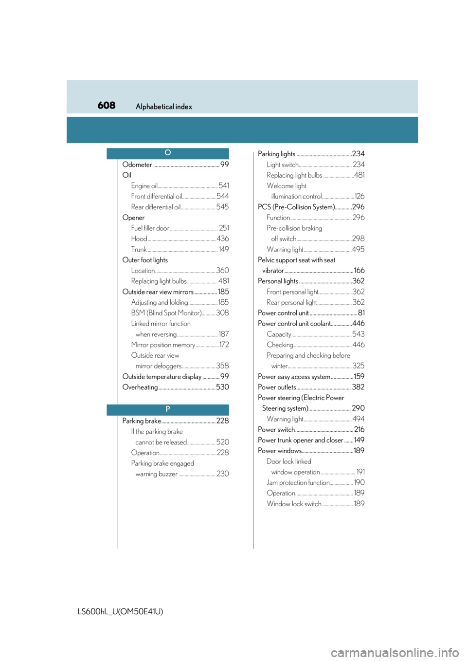 LEXUS LS600H 2015  Owners Manual 608Alphabetical index
LS600hL_U(OM50E41U)
Odometer .................................................. 99
OilEngine oil................................................. 541
Front differential oil......