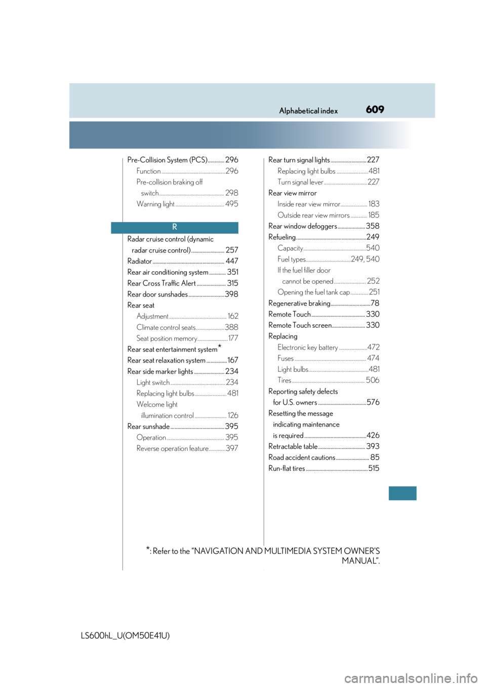 LEXUS LS600H 2015  Owners Manual 609Alphabetical index
LS600hL_U(OM50E41U)
Pre-Collision System (PCS) ............ 296Function ..................................................296
Pre-collision braking off switch....................