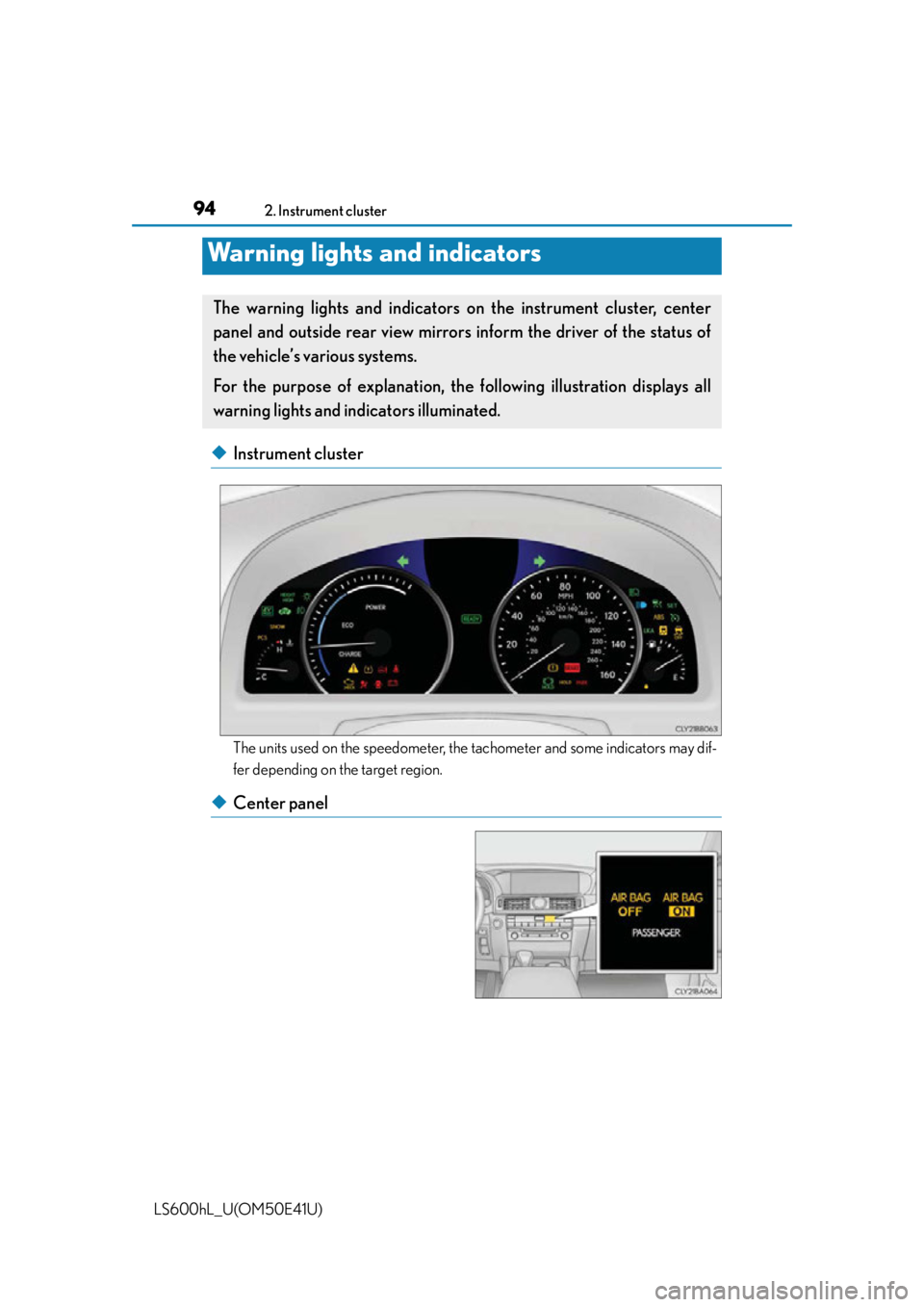 LEXUS LS600H 2015  Owners Manual 94
LS600hL_U(OM50E41U)
2. Instrument cluster
◆Instrument cluster
The units used on the speedometer, the tachometer and some indicators may dif-
fer depending on the target region.
◆Center panel
Wa