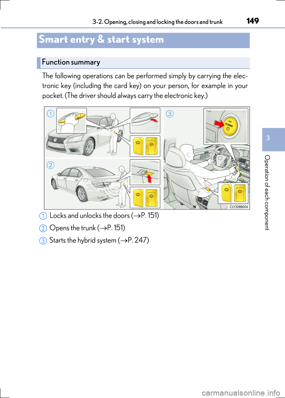 LEXUS LS600H 2017 Owners Manual 149
3
Operation of each component
LS600h/LS600hL_EE(OM50G20E)
3-2. Opening, closing and locking the doors and trunk
The following operations can be performed simply by carrying the elec-
tronic key ( LEXUS LS600H 2017 Owners Manual 149
3
Operation of each component
LS600h/LS600hL_EE(OM50G20E)
3-2. Opening, closing and locking the doors and trunk
The following operations can be performed simply by carrying the elec-
tronic key (