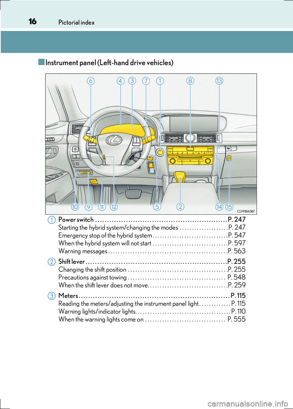 LEXUS LS600H 2017 User Guide 16Pictorial index
LS600h/LS600hL_EE(OM50G20E)
■Instrument panel (Left-hand drive vehicles)
Power switch . . . . . . . . . . . . . . . . . . . . . . . . . . . . . . . . . . . . . . . . . . . . . . . LEXUS LS600H 2017 User Guide 16Pictorial index
LS600h/LS600hL_EE(OM50G20E)
■Instrument panel (Left-hand drive vehicles)
Power switch . . . . . . . . . . . . . . . . . . . . . . . . . . . . . . . . . . . . . . . . . . . . . . .