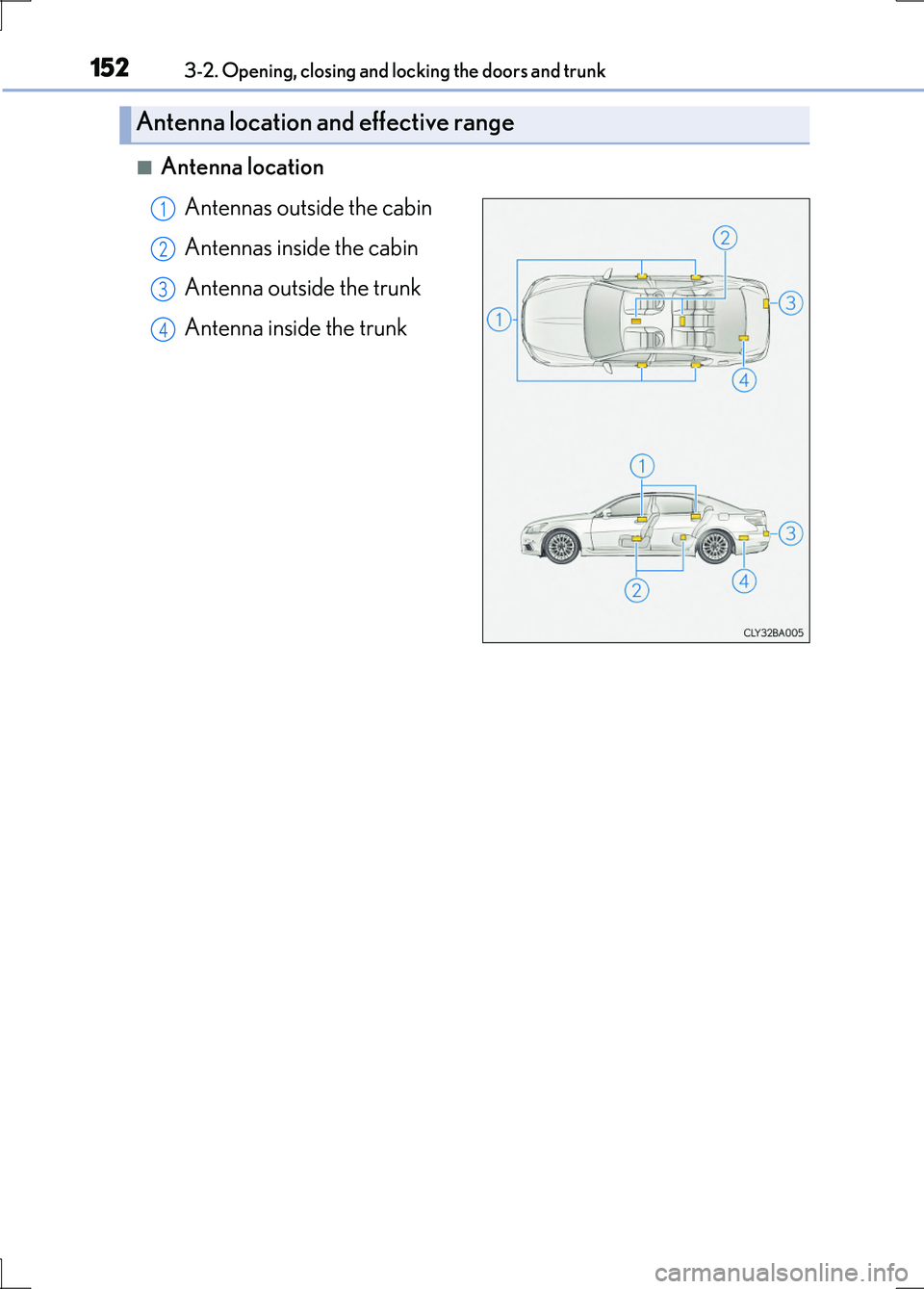 LEXUS LS600H 2017 Owners Manual 1523-2. Opening, closing and locking the doors and trunk
LS600h/LS600hL_EE(OM50G20E)
■Antenna location
Antennas outside the cabin
Antennas inside the cabin
Antenna outside the trunk
Antenna insi LEXUS LS600H 2017 Owners Manual 1523-2. Opening, closing and locking the doors and trunk
LS600h/LS600hL_EE(OM50G20E)
■Antenna location
Antennas outside the cabin
Antennas inside the cabin
Antenna outside the trunk
Antenna insi
