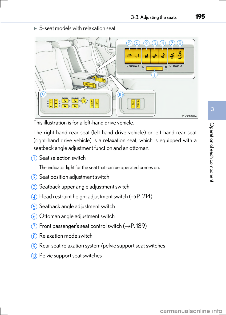 LEXUS LS600H 2017 Owners Manual 1953-3. Adjusting the seats
3
Operation of each component
LS600h/LS600hL_EE(OM50G20E)
5-seat models with relaxation seat
This illustration is for a left-hand drive vehicle.
The right-hand rear se LEXUS LS600H 2017 Owners Manual 1953-3. Adjusting the seats
3
Operation of each component
LS600h/LS600hL_EE(OM50G20E)
5-seat models with relaxation seat
This illustration is for a left-hand drive vehicle.
The right-hand rear se