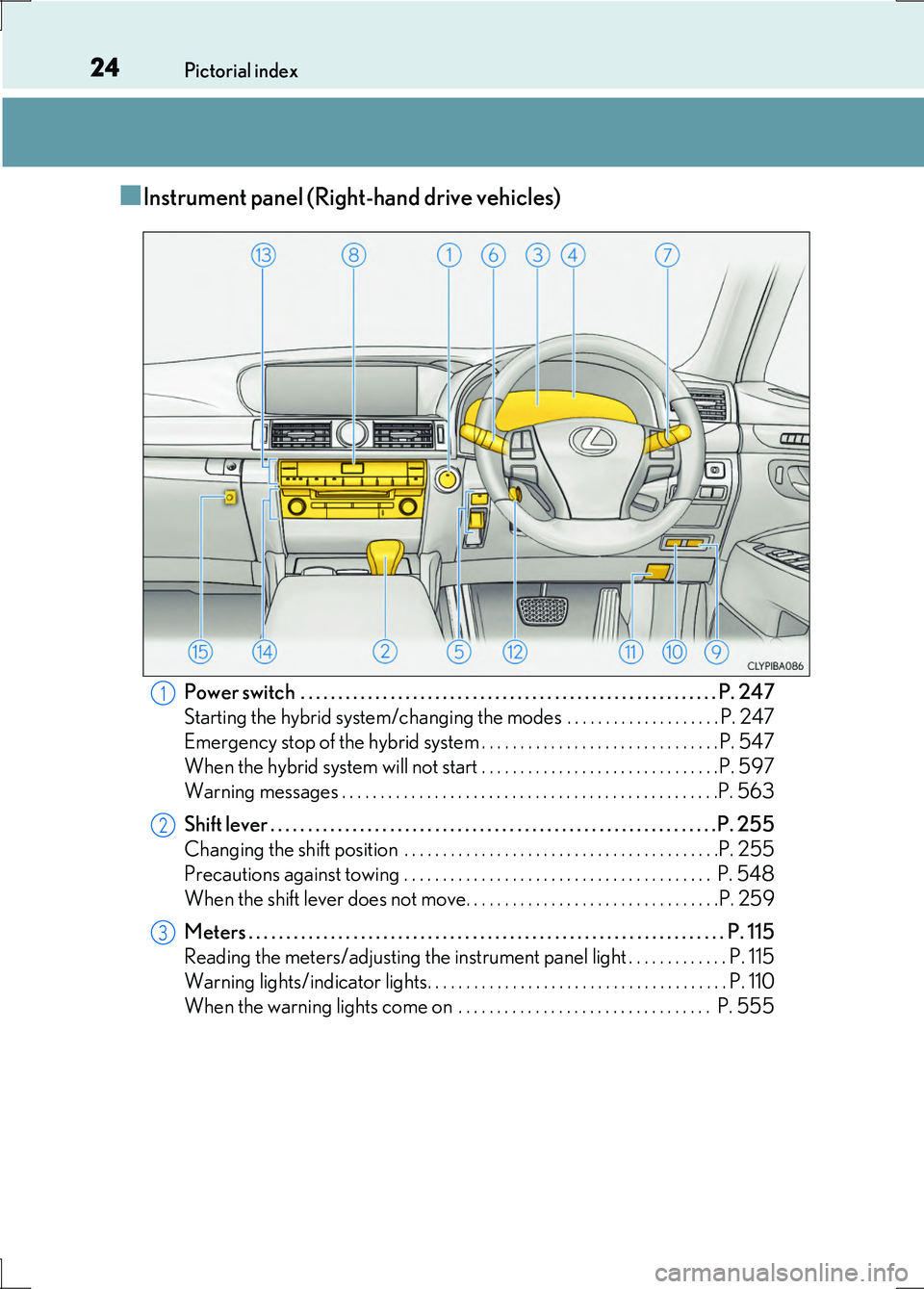 LEXUS LS600H 2017 Owners Manual 24Pictorial index
LS600h/LS600hL_EE(OM50G20E)
■Instrument panel (Right-hand drive vehicles)
Power switch  . . . . . . . . . . . . . . . . . . . . . . . . . . . . . . . . . . . . . . . . . . . . . . 