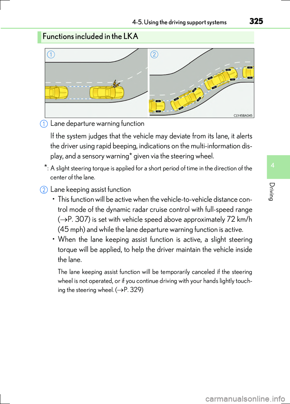 LEXUS LS600H 2017 Service Manual 3254-5. Using the driving support systems
4
Driving
LS600h/LS600hL_EE(OM50G20E)
Lane departure warning function
If the system judges that the vehicle may deviate from its lane, it alerts
the driver LEXUS LS600H 2017 Service Manual 3254-5. Using the driving support systems
4
Driving
LS600h/LS600hL_EE(OM50G20E)
Lane departure warning function
If the system judges that the vehicle may deviate from its lane, it alerts
the driver