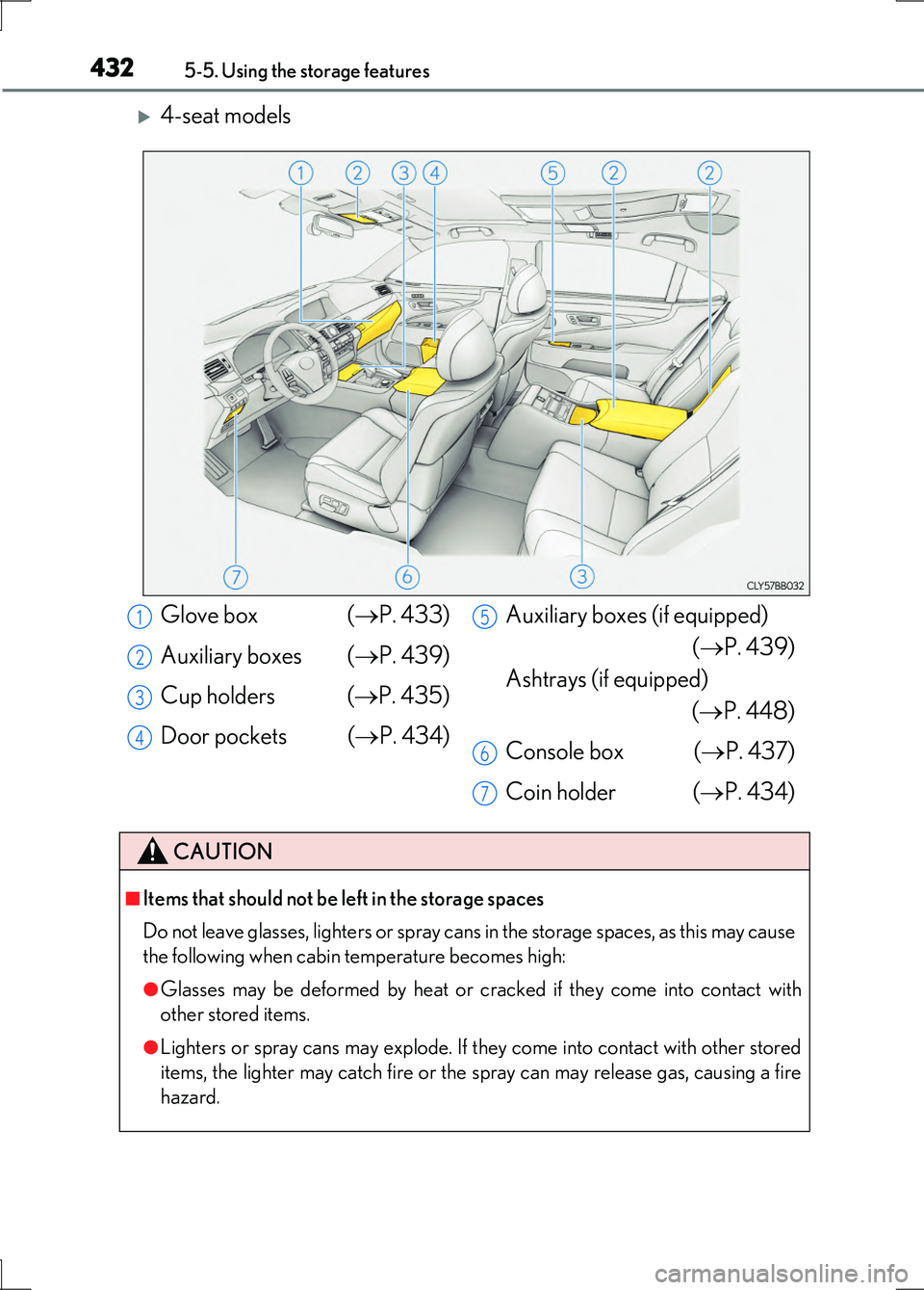 LEXUS LS600H 2017  Owners Manual 4325-5. Using the storage features
LS600h/LS600hL_EE(OM50G20E)
4-seat models
Glove box (P. 433) 
Auxiliary boxes ( P. 439) 
Cup holders ( P. 435) 
Door pockets ( P. 434) 
Auxiliary boxe