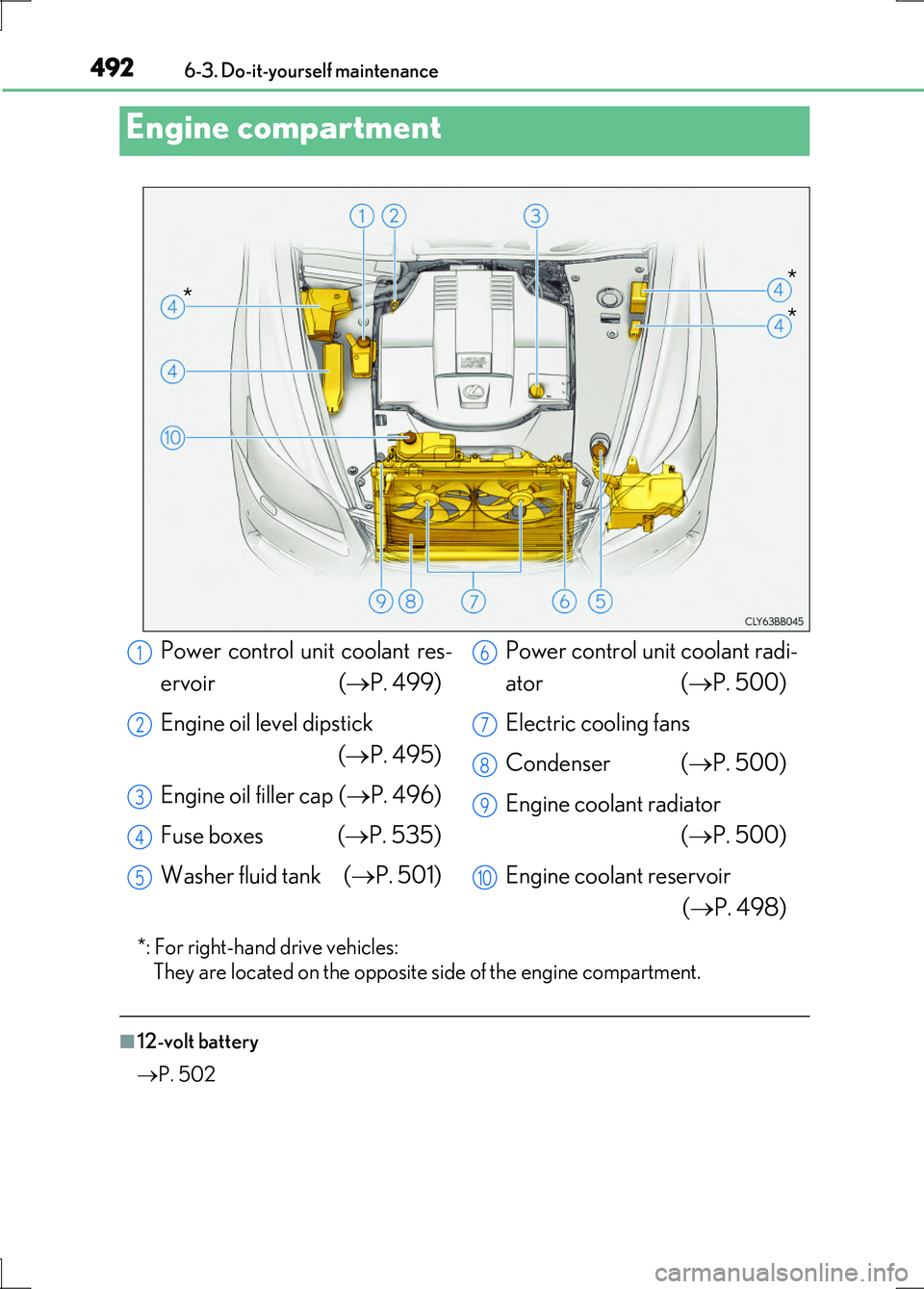 LEXUS LS600H 2017 Owners Manual 4926-3. Do-it-yourself maintenance
LS600h/LS600hL_EE(OM50G20E)
*: For right-hand drive vehicles:
They are located on the opposite side of the engine compartment.
■12-volt battery
P. 502
E LEXUS LS600H 2017 Owners Manual 4926-3. Do-it-yourself maintenance
LS600h/LS600hL_EE(OM50G20E)
*: For right-hand drive vehicles:
They are located on the opposite side of the engine compartment.
■12-volt battery
P. 502
E