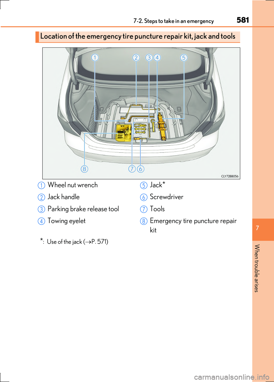 LEXUS LS600H 2017  Owners Manual 5817-2. Steps to take in an emergency
7
When trouble arises
LS600h/LS600hL_EE(OM50G20E)
*:  Use of the jack (P. 571)
Location of the emergency tire puncture repair kit, jack and tools 
Wheel nut wr