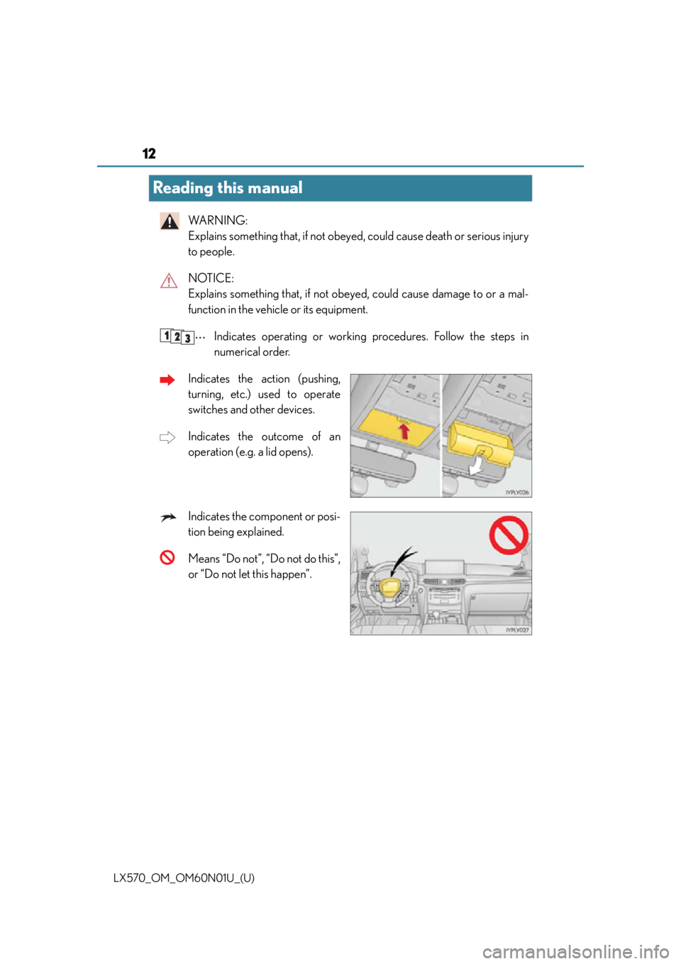 LEXUS LX570 2016 User Guide 12
LX570_OM_OM60N01U_(U)
Reading this manual
WA R N I N G :  
Explains something that, if not obeyed, could cause death or serious injury
to people.
NOTICE: 
Explains something that, if not obey ed, c