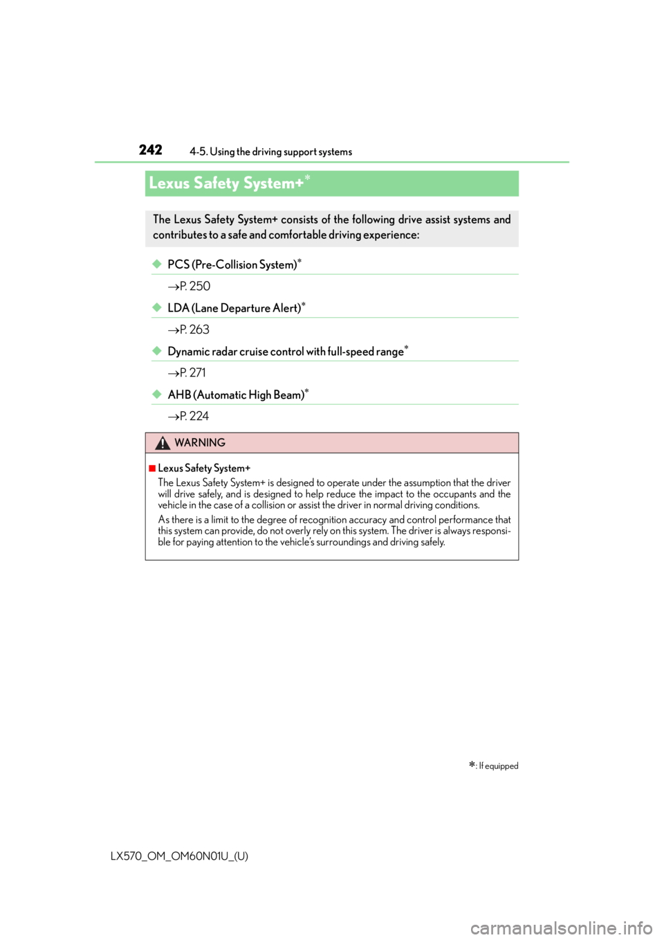 LEXUS LX570 2016 Owners Manual 242
LX570_OM_OM60N01U_(U)4-5. Using the driving support systems
Lexus Safety System+
◆PCS (Pre-Collision System)
P. 2 5 0
◆LDA (Lane Departure Alert)
P. 2 6 3
◆Dynamic radar cr LEXUS LX570 2016 Owners Manual 242
LX570_OM_OM60N01U_(U)4-5. Using the driving support systems
Lexus Safety System+
◆PCS (Pre-Collision System)
P. 2 5 0
◆LDA (Lane Departure Alert)
P. 2 6 3
◆Dynamic radar cr