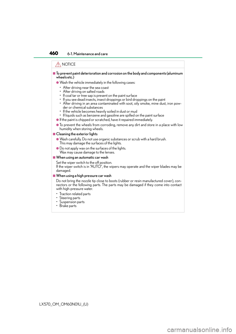 LEXUS LX570 2016  Owners Manual 460
LX570_OM_OM60N01U_(U)6-1. Maintenance and care
NOTICE
■To prevent paint deterioration and corrosio
n on the body and components (aluminum
wheels etc.)
●Wash the vehicle immediately in the foll
