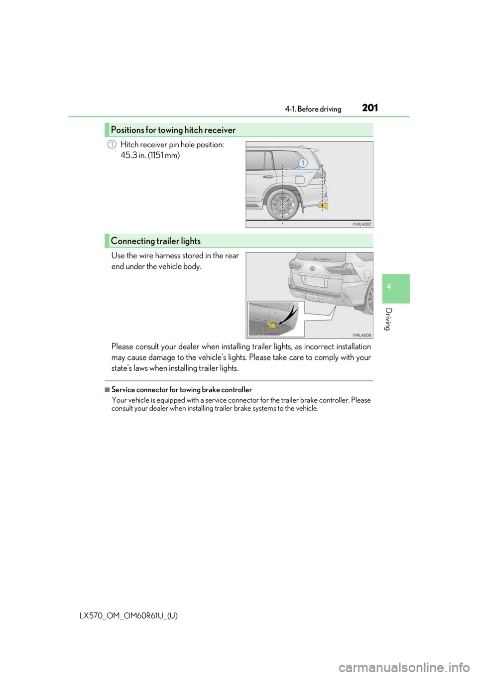 LEXUS LX570 2020 Owners Manual LX570_OM_OM60R61U_(U)
2014-1. Before driving
4
Driving
Hitch receiver pin hole position:
45.3 in. (1151 mm)
Use the wire harness stored in the rear
end under the vehicle body.
Please consult your dea LEXUS LX570 2020 Owners Manual LX570_OM_OM60R61U_(U)
2014-1. Before driving
4
Driving
Hitch receiver pin hole position:
45.3 in. (1151 mm)
Use the wire harness stored in the rear
end under the vehicle body.
Please consult your dea