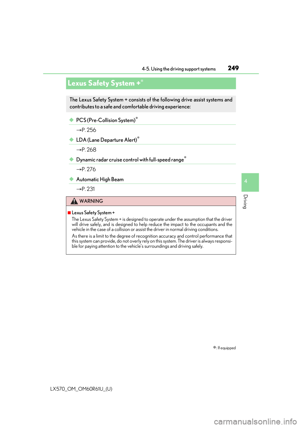 LEXUS LX570 2020 User Guide 249
LX570_OM_OM60R61U_(U)4-5. Using the driving support systems
4
Driving
Lexus Safety System +
◆PCS (Pre-Collision System)
P. 256
◆LDA (Lane Departure Alert)
P. 268
◆Dynamic rad LEXUS LX570 2020 User Guide 249
LX570_OM_OM60R61U_(U)4-5. Using the driving support systems
4
Driving
Lexus Safety System +
◆PCS (Pre-Collision System)
P. 256
◆LDA (Lane Departure Alert)
P. 268
◆Dynamic rad