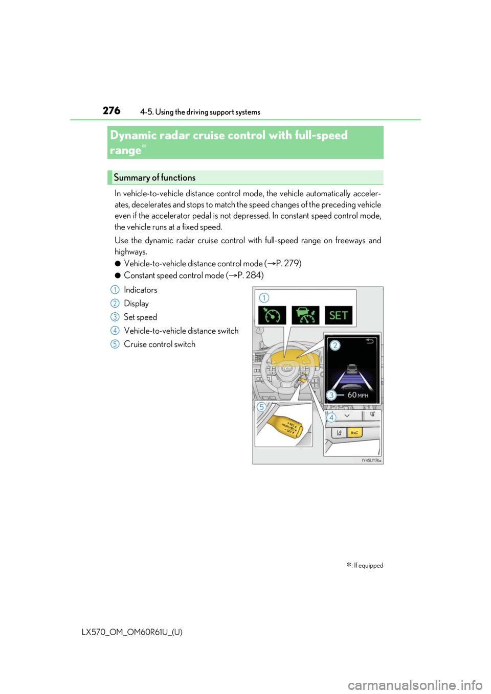 LEXUS LX570 2020 User Guide 276
LX570_OM_OM60R61U_(U)4-5. Using the driving support systems
Dynamic radar cruise control
with full-speed
range
In vehicle-to-vehicle distance control mode, the vehicle automatically a\
LEXUS LX570 2020 User Guide 276
LX570_OM_OM60R61U_(U)4-5. Using the driving support systems
Dynamic radar cruise control
with full-speed
range
In vehicle-to-vehicle distance control mode, the vehicle automatically a\