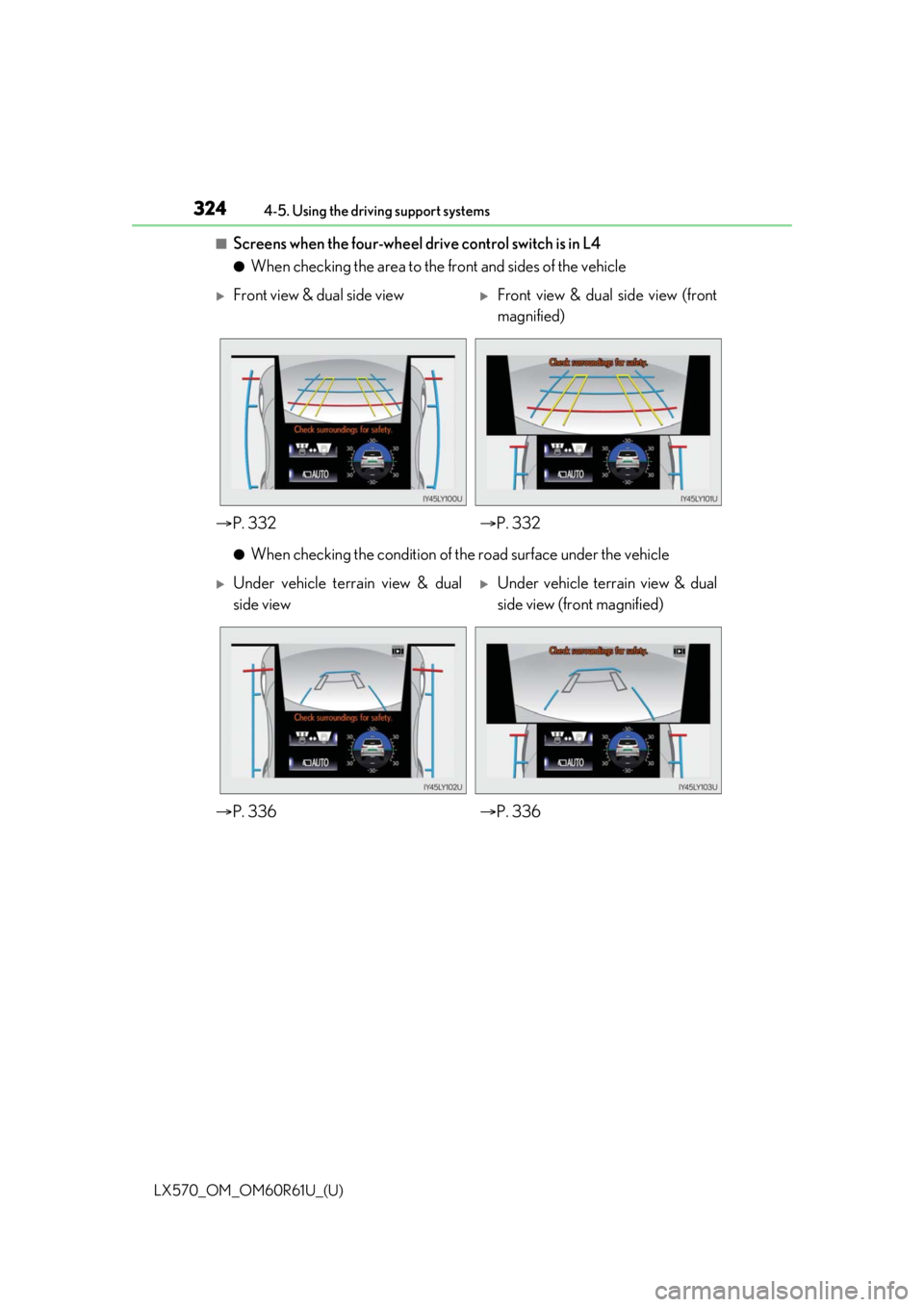 LEXUS LX570 2020 Owners Manual 324
LX570_OM_OM60R61U_(U)4-5. Using the driving support systems
■Screens when the four-wheel drive control switch is in L4
●When checking the area to the front and sides of the vehicle
●When che LEXUS LX570 2020 Owners Manual 324
LX570_OM_OM60R61U_(U)4-5. Using the driving support systems
■Screens when the four-wheel drive control switch is in L4
●When checking the area to the front and sides of the vehicle
●When che