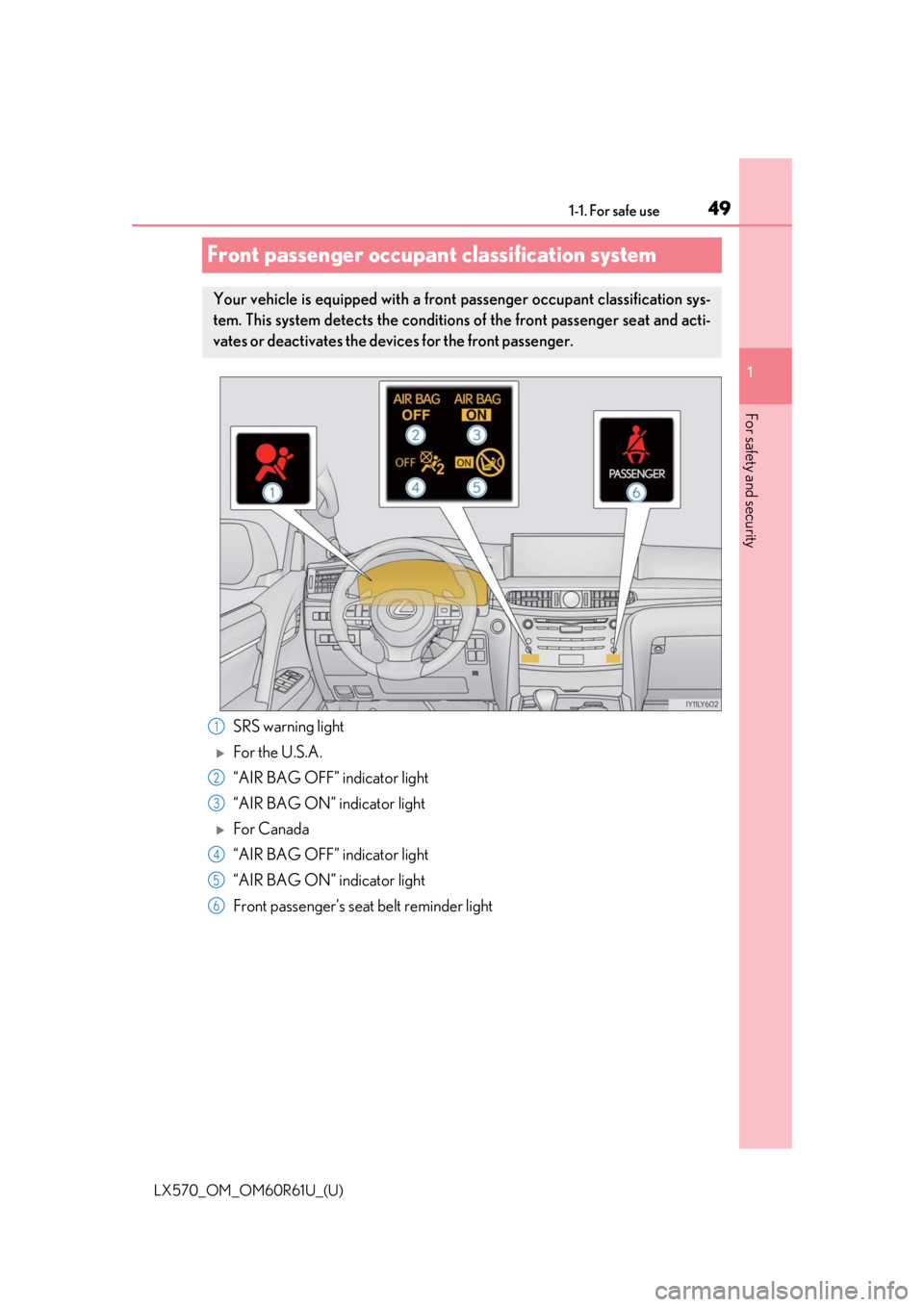 LEXUS LX570 2020 User Guide 491-1. For safe use
LX570_OM_OM60R61U_(U)
1
For safety and security
Front passenger occupant classification system
SRS warning light
For the U.S.A.
“AIR BAG OFF” indicator light
“AIR BAG ON LEXUS LX570 2020 User Guide 491-1. For safe use
LX570_OM_OM60R61U_(U)
1
For safety and security
Front passenger occupant classification system
SRS warning light
For the U.S.A.
“AIR BAG OFF” indicator light
“AIR BAG ON