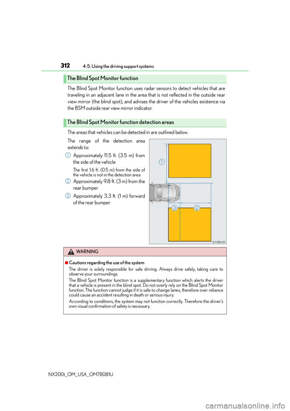 LEXUS NX200T 2016 Service Manual 3124-5. Using the driving support systems
NX200t_OM_USA_OM78081U
The Blind Spot Monitor function uses radar sensors to detect vehicles that are
traveling in an adjacent lane in the area that is not r LEXUS NX200T 2016 Service Manual 3124-5. Using the driving support systems
NX200t_OM_USA_OM78081U
The Blind Spot Monitor function uses radar sensors to detect vehicles that are
traveling in an adjacent lane in the area that is not r