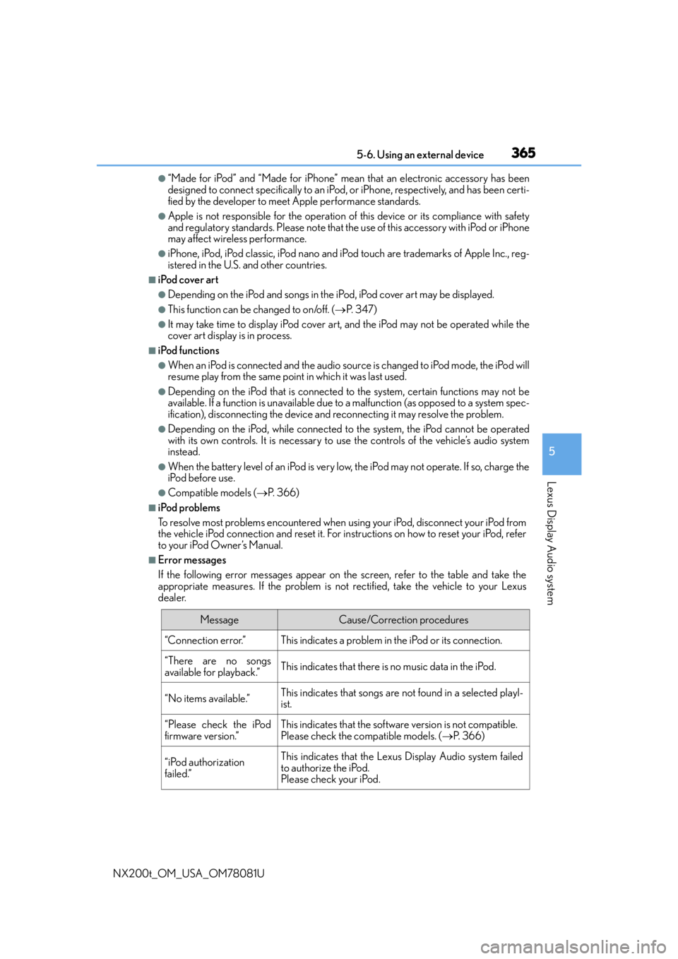 LEXUS NX200T 2016 Owners Manual 3655-6. Using an external device
5
Lexus Display Audio system
NX200t_OM_USA_OM78081U
●“Made for iPod” and “Made for iPhone” mean that an electronic accessory has been
designed to connect spe LEXUS NX200T 2016 Owners Manual 3655-6. Using an external device
5
Lexus Display Audio system
NX200t_OM_USA_OM78081U
●“Made for iPod” and “Made for iPhone” mean that an electronic accessory has been
designed to connect spe