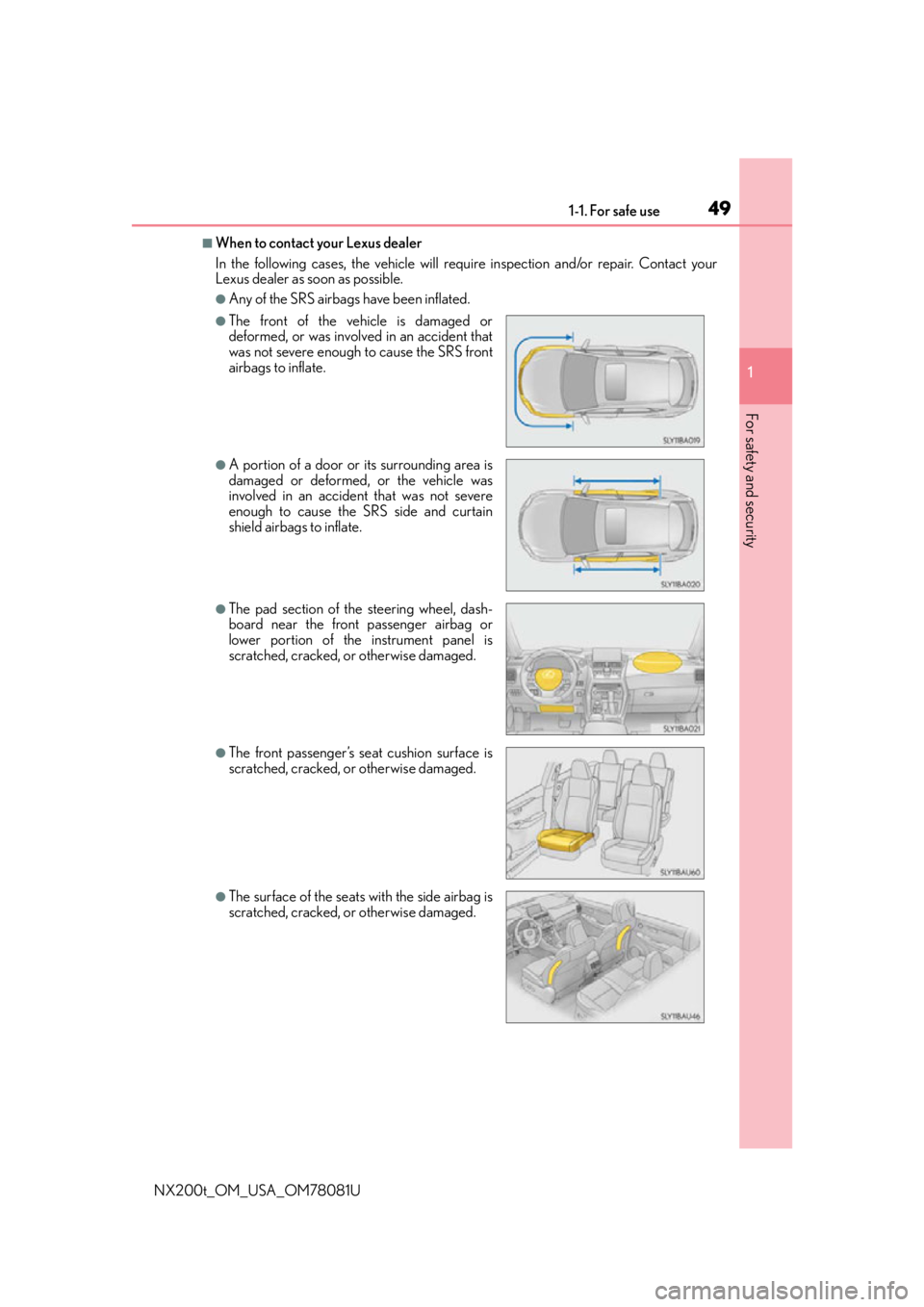 LEXUS NX200T 2016 User Guide 491-1. For safe use
1
For safety and security
NX200t_OM_USA_OM78081U
■When to contact your Lexus dealer
In the following cases, the vehicle will require inspection and/or repair. Contact your
Lexus LEXUS NX200T 2016 User Guide 491-1. For safe use
1
For safety and security
NX200t_OM_USA_OM78081U
■When to contact your Lexus dealer
In the following cases, the vehicle will require inspection and/or repair. Contact your
Lexus