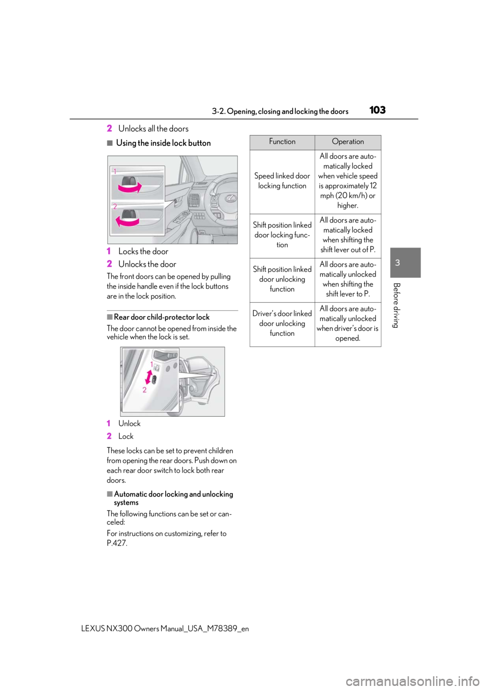 LEXUS NX300 2020 Owners Manual 1033-2. Opening, closing and locking the doors
LEXUS NX300 Owners Manual_USA_M78389_en
3
Before driving
2Unlocks all the doors
■Using the inside lock button
1 Locks the door
2 Unlocks the door
The LEXUS NX300 2020 Owners Manual 1033-2. Opening, closing and locking the doors
LEXUS NX300 Owners Manual_USA_M78389_en
3
Before driving
2Unlocks all the doors
■Using the inside lock button
1 Locks the door
2 Unlocks the door
The