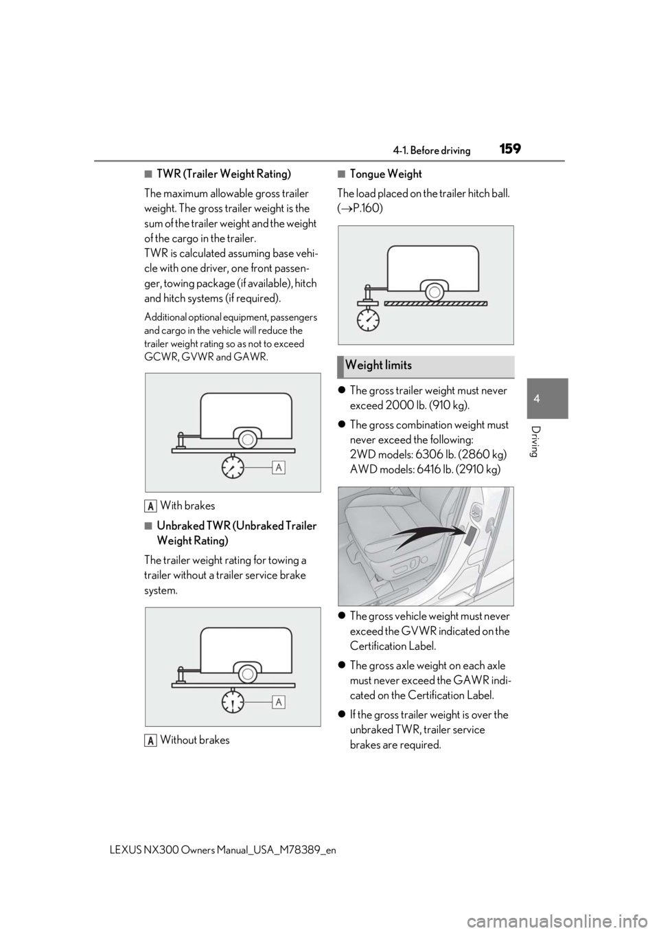 LEXUS NX300 2020 Owners Manual 1594-1. Before driving
LEXUS NX300 Owners Manual_USA_M78389_en
4
Driving
■TWR (Trailer Weight Rating)
The maximum allowable gross trailer
weight. The gross trailer weight is the
sum of the traile LEXUS NX300 2020 Owners Manual 1594-1. Before driving
LEXUS NX300 Owners Manual_USA_M78389_en
4
Driving
■TWR (Trailer Weight Rating)
The maximum allowable gross trailer
weight. The gross trailer weight is the
sum of the traile