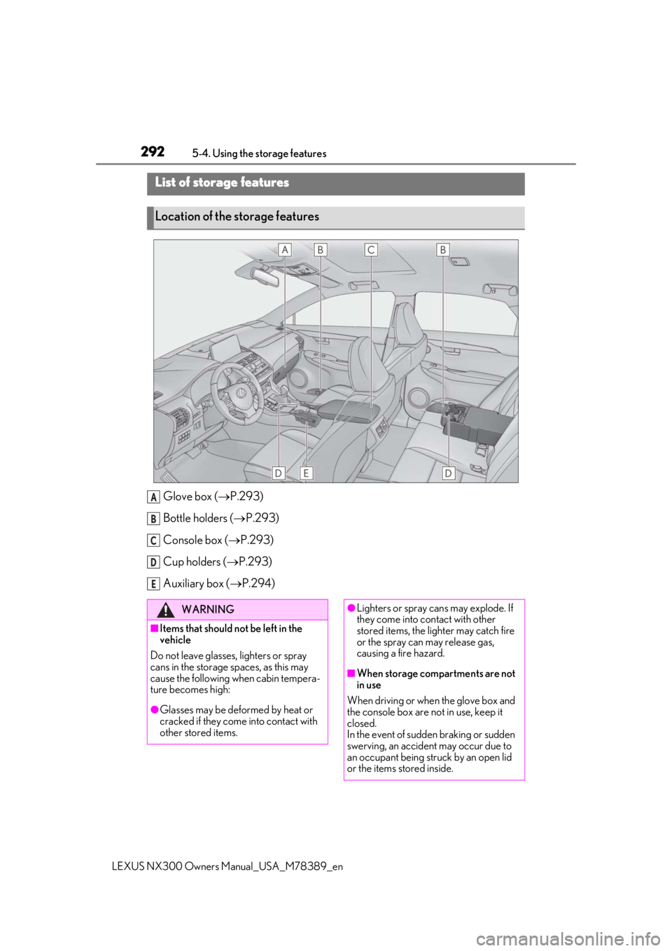 LEXUS NX300 2020 Repair Manual 2925-4. Using the storage features
LEXUS NX300 Owners Manual_USA_M78389_en
5-4.Using the storage features
Glove box (P.293)
Bottle holders ( P.293)
Console box ( P.293)
Cup holders ( P.293 LEXUS NX300 2020 Repair Manual 2925-4. Using the storage features
LEXUS NX300 Owners Manual_USA_M78389_en
5-4.Using the storage features
Glove box (P.293)
Bottle holders ( P.293)
Console box ( P.293)
Cup holders ( P.293