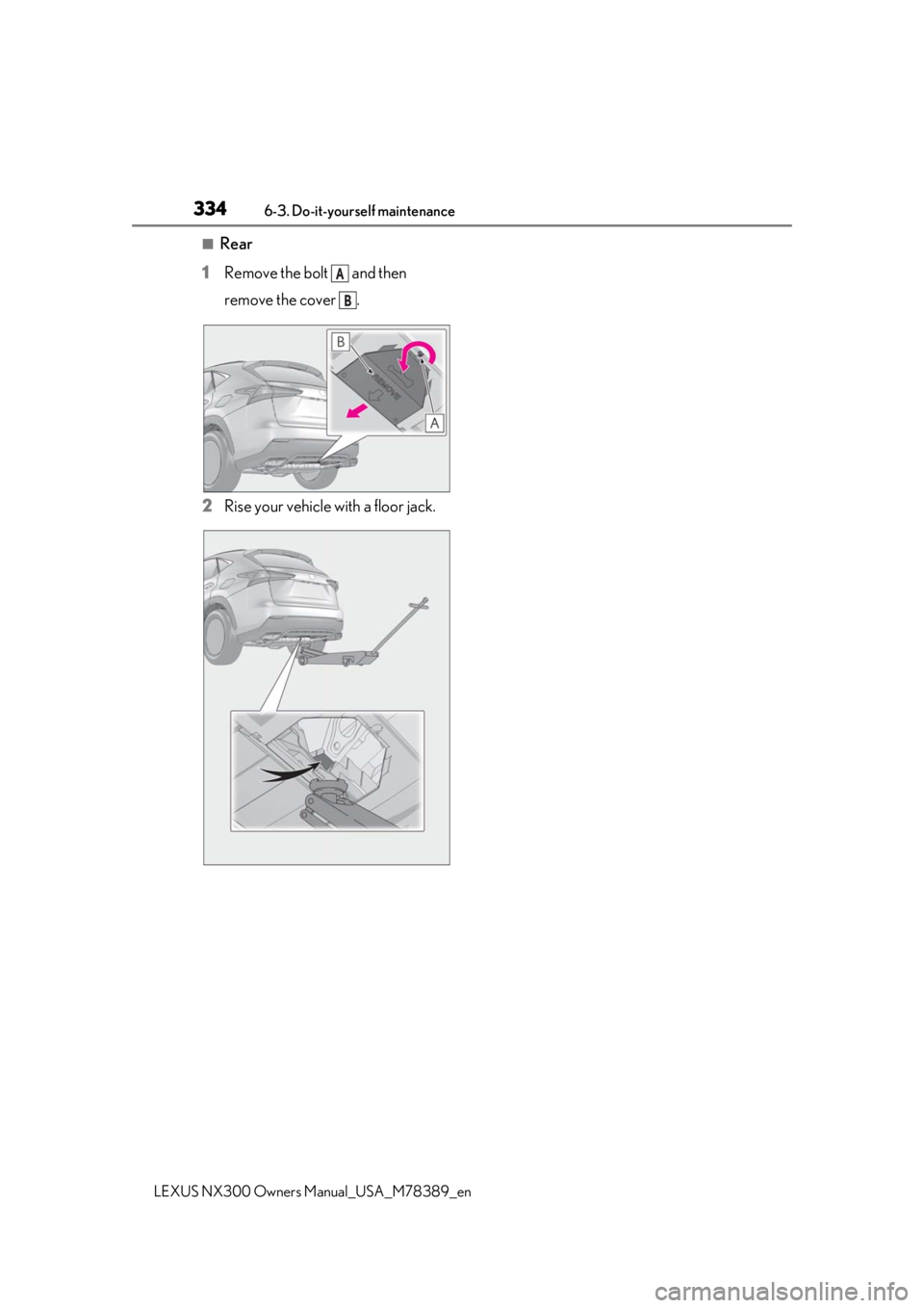 LEXUS NX300 2020  Owners Manual 3346-3. Do-it-yourself maintenance
LEXUS NX300 Owners Manual_USA_M78389_en
■Rear
1 Remove the bolt   and then 
remove the cover  .
2 Rise your vehicle with a floor jack.
A
B 