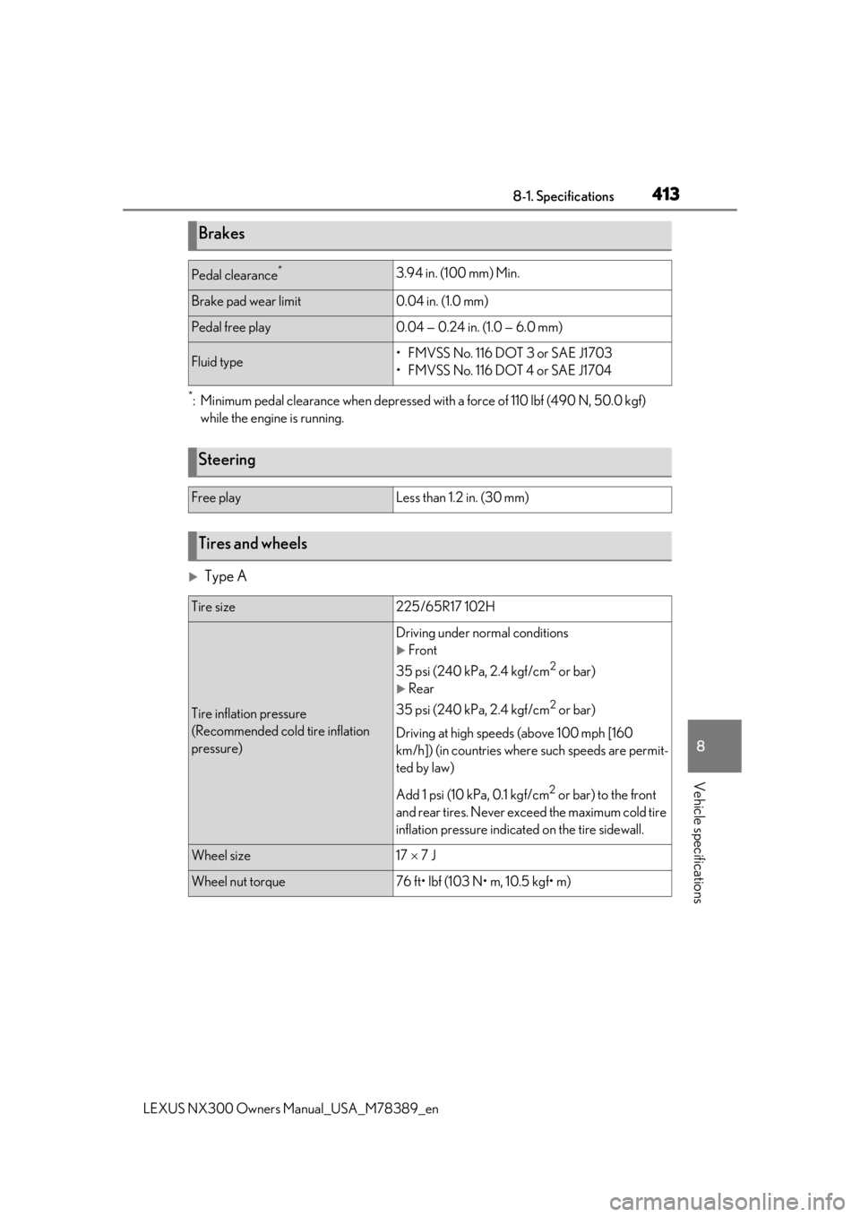 LEXUS NX300 2020  Owners Manual 4138-1. Specifications
LEXUS NX300 Owners  Manual_USA_M78389_en
8
Vehicle specifications
*: Minimum pedal clearance when depressed with  a force of 110 lbf (490 N, 50.0 kgf) 
while the engine is runni