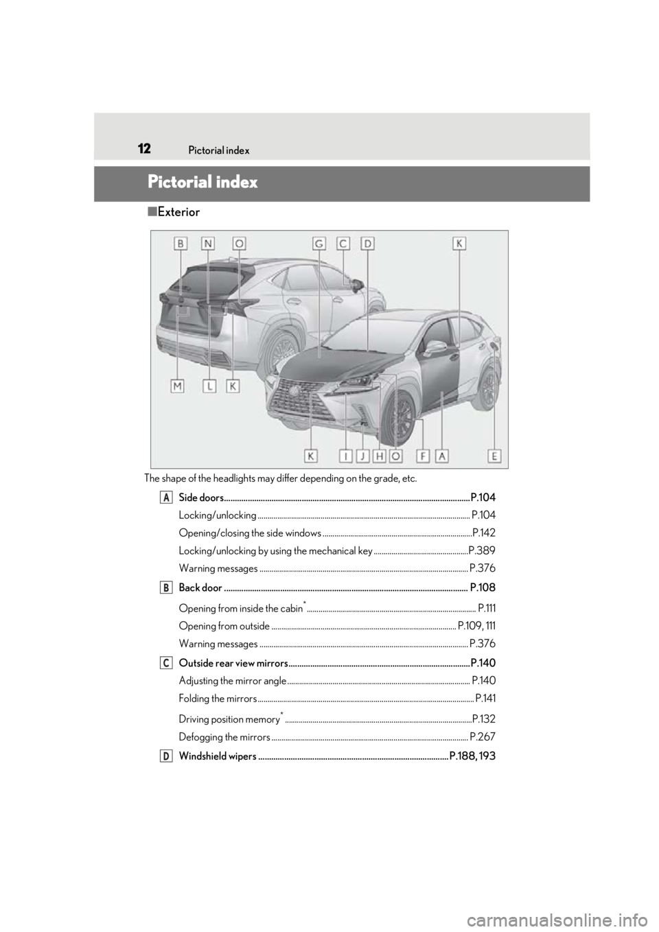 LEXUS NX300H 2019  Owners Manual 12Pictorial index
Pictorial index
■Exterior
The shape of the headlights may differ depending on the grade, etc.
Side doors............................................................................