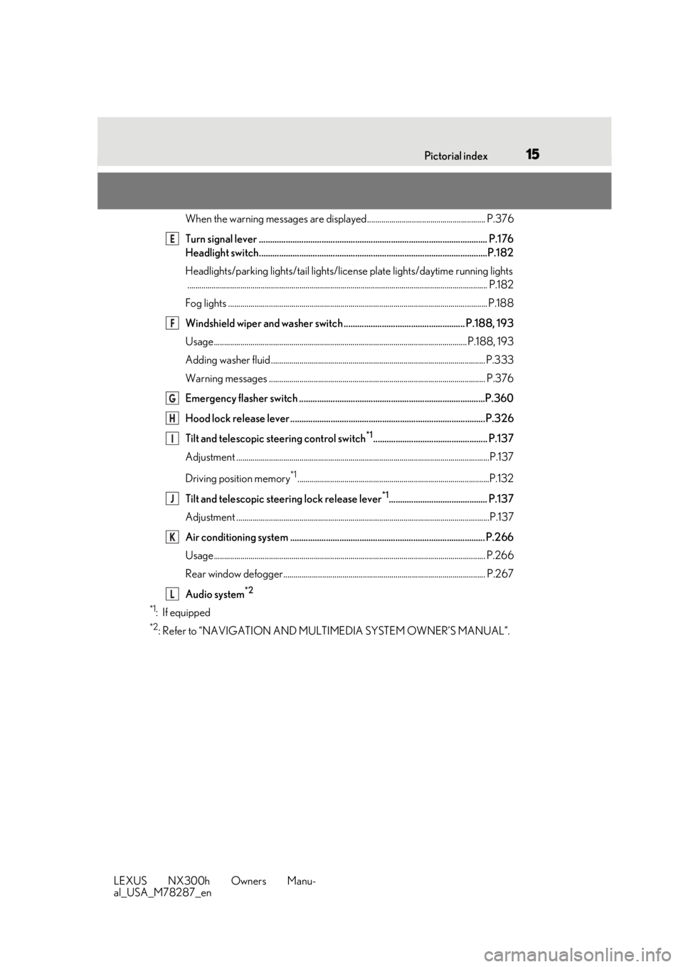 LEXUS NX300H 2019  Owners Manual 15Pictorial index
LEXUS NX300h Owners Manu-
al_USA_M78287_en
When the warning messages are displayed.......................................................... P.376
Turn signal lever .................
