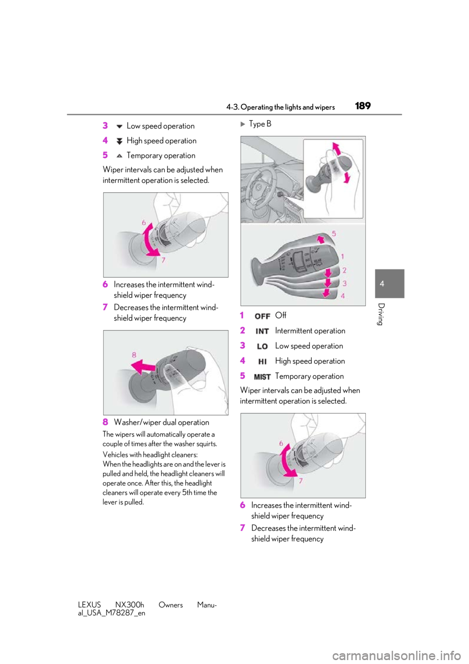 LEXUS NX300H 2019 Owners Manual 1894-3. Operating the lights and wipers
LEXUS NX300h Owners Manu-
al_USA_M78287_en
4
Driving
3 Low speed operation
4 High speed operation
5 Temporary operation
Wiper intervals can be adjusted when LEXUS NX300H 2019 Owners Manual 1894-3. Operating the lights and wipers
LEXUS NX300h Owners Manu-
al_USA_M78287_en
4
Driving
3 Low speed operation
4 High speed operation
5 Temporary operation
Wiper intervals can be adjusted when