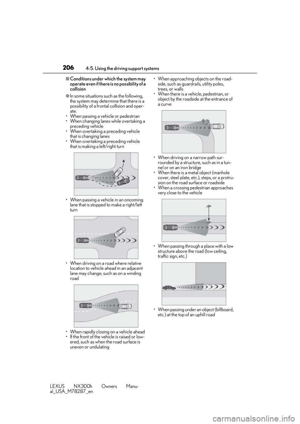 LEXUS NX300H 2019 Owners Manual 2064-5. Using the driving support systems
LEXUS NX300h Owners Manu-
al_USA_M78287_en
■Conditions under which the system may
operate even if there is no possibility of a
collision
●In some situat LEXUS NX300H 2019 Owners Manual 2064-5. Using the driving support systems
LEXUS NX300h Owners Manu-
al_USA_M78287_en
■Conditions under which the system may
operate even if there is no possibility of a
collision
●In some situat