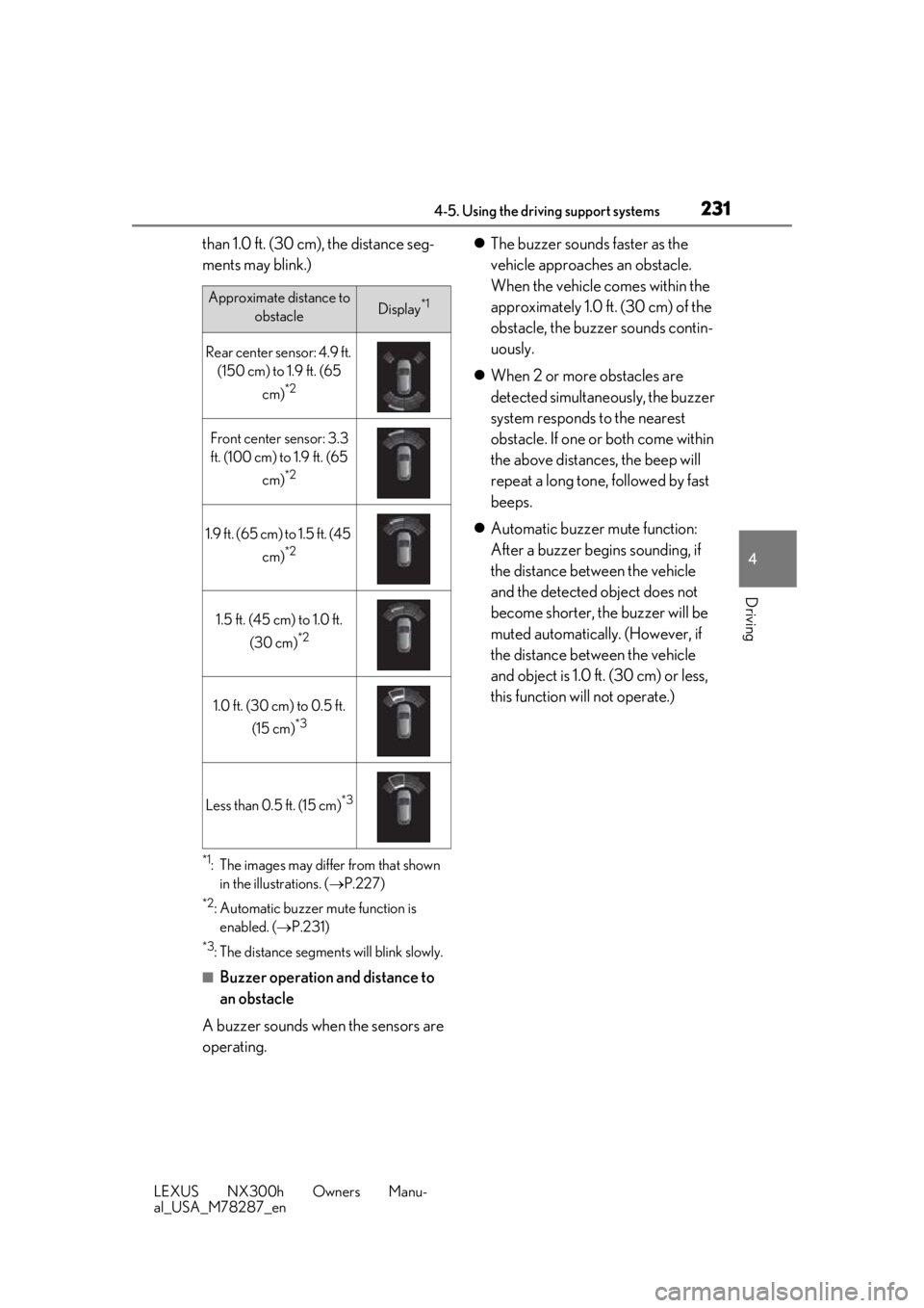 LEXUS NX300H 2019 Service Manual 2314-5. Using the driving support systems
LEXUS NX300h Owners Manu-
al_USA_M78287_en
4
Driving
than 1.0 ft. (30 cm), the distance seg-
ments may blink.)
*1: The images may differ from that shown in t LEXUS NX300H 2019 Service Manual 2314-5. Using the driving support systems
LEXUS NX300h Owners Manu-
al_USA_M78287_en
4
Driving
than 1.0 ft. (30 cm), the distance seg-
ments may blink.)
*1: The images may differ from that shown in t