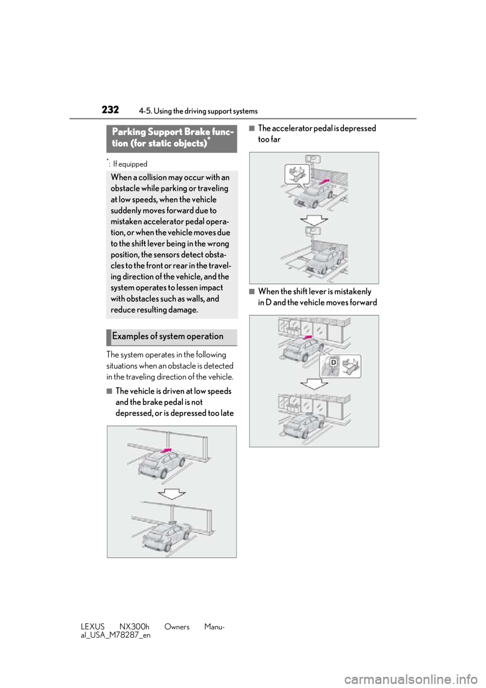 LEXUS NX300H 2019 Service Manual 2324-5. Using the driving support systems
LEXUS NX300h Owners Manu-
al_USA_M78287_en
*:If equipped
The system operates in the following
situations when an obstacle is detected
in the traveling direc LEXUS NX300H 2019 Service Manual 2324-5. Using the driving support systems
LEXUS NX300h Owners Manu-
al_USA_M78287_en
*:If equipped
The system operates in the following
situations when an obstacle is detected
in the traveling direc