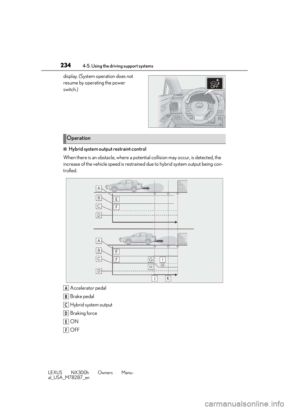 LEXUS NX300H 2019 Owners Manual 2344-5. Using the driving support systems
LEXUS NX300h Owners Manu-
al_USA_M78287_en
display. (System operation does not
resume by operating the power
switch.)
■Hybrid system output restraint cont LEXUS NX300H 2019 Owners Manual 2344-5. Using the driving support systems
LEXUS NX300h Owners Manu-
al_USA_M78287_en
display. (System operation does not
resume by operating the power
switch.)
■Hybrid system output restraint cont