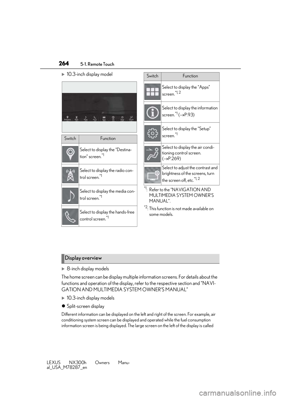 LEXUS NX300H 2019 Owners Manual 2645-1. Remote Touch
LEXUS NX300h Owners Manu-
al_USA_M78287_en
10.3-inch display model
*1: Refer to the “NAVIGATION AND MULTIMEDIA SYSTEM OWNER’S
MANUAL”.
*2: This function is not made avai LEXUS NX300H 2019 Owners Manual 2645-1. Remote Touch
LEXUS NX300h Owners Manu-
al_USA_M78287_en
10.3-inch display model
*1: Refer to the “NAVIGATION AND MULTIMEDIA SYSTEM OWNER’S
MANUAL”.
*2: This function is not made avai