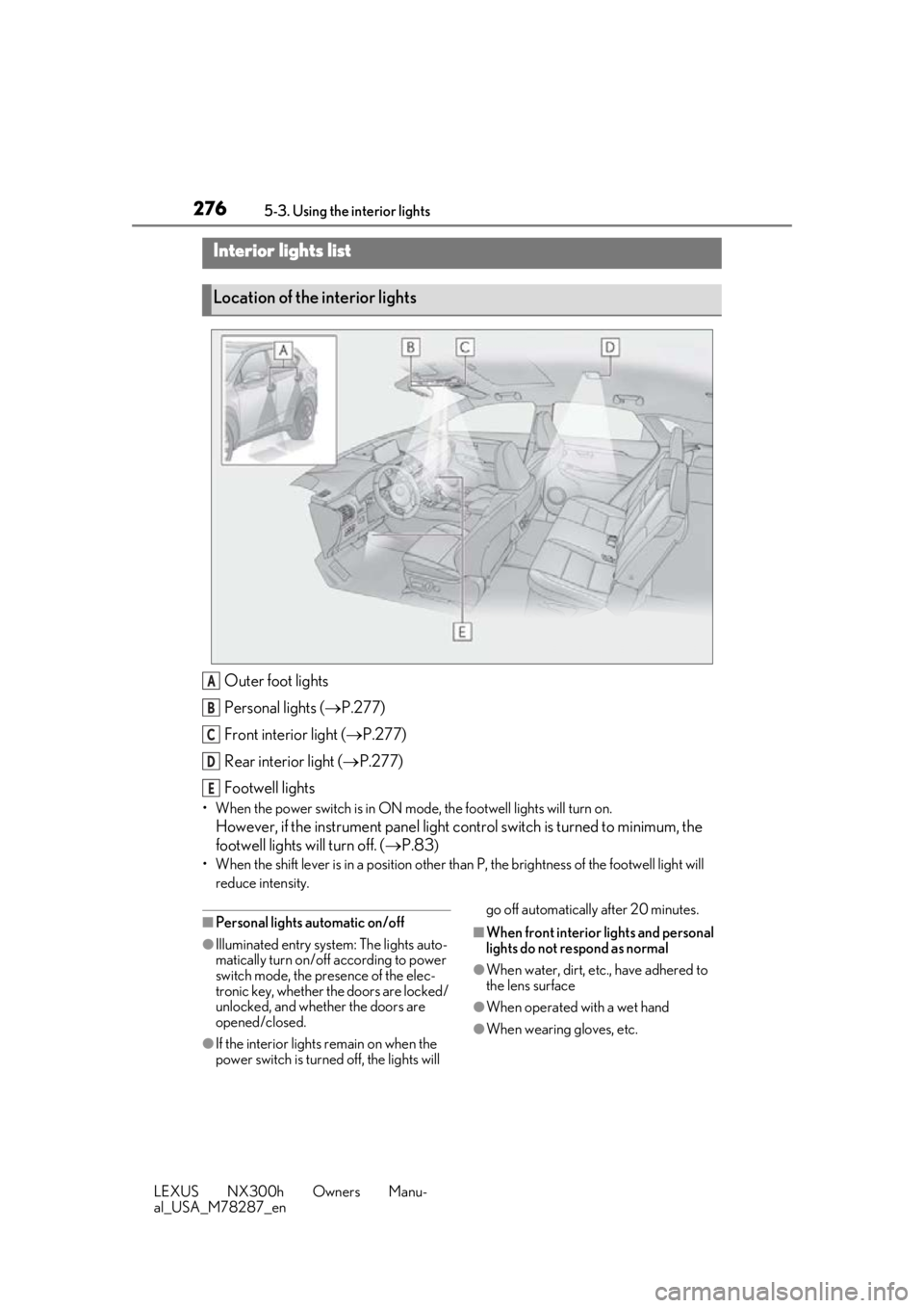 LEXUS NX300H 2019 Owners Manual 2765-3. Using the interior lights
LEXUS NX300h Owners Manu-
al_USA_M78287_en
5-3.Using the interior lights
Outer foot lights
Personal lights ( P.277)
Front interi or light (P.277)
Rear interior LEXUS NX300H 2019 Owners Manual 2765-3. Using the interior lights
LEXUS NX300h Owners Manu-
al_USA_M78287_en
5-3.Using the interior lights
Outer foot lights
Personal lights ( P.277)
Front interi or light (P.277)
Rear interior