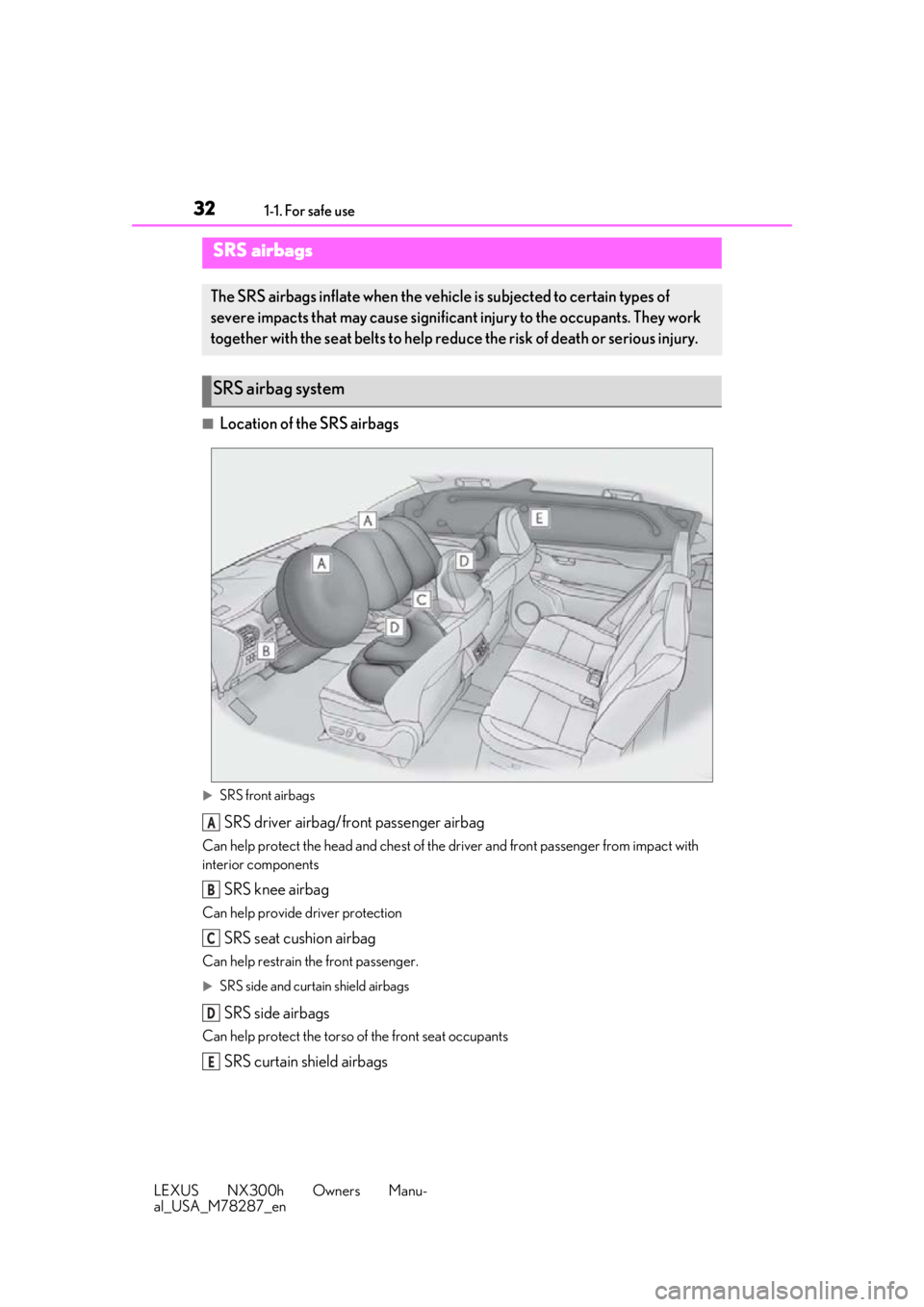 LEXUS NX300H 2019 Owners Guide 321-1. For safe use
LEXUS NX300h Owners Manu-
al_USA_M78287_en
■Location of the SRS airbags
SRS front airbags
SRS driver airbag/front passenger airbag
Can help protect the head and chest of the d LEXUS NX300H 2019 Owners Guide 321-1. For safe use
LEXUS NX300h Owners Manu-
al_USA_M78287_en
■Location of the SRS airbags
SRS front airbags
SRS driver airbag/front passenger airbag
Can help protect the head and chest of the d