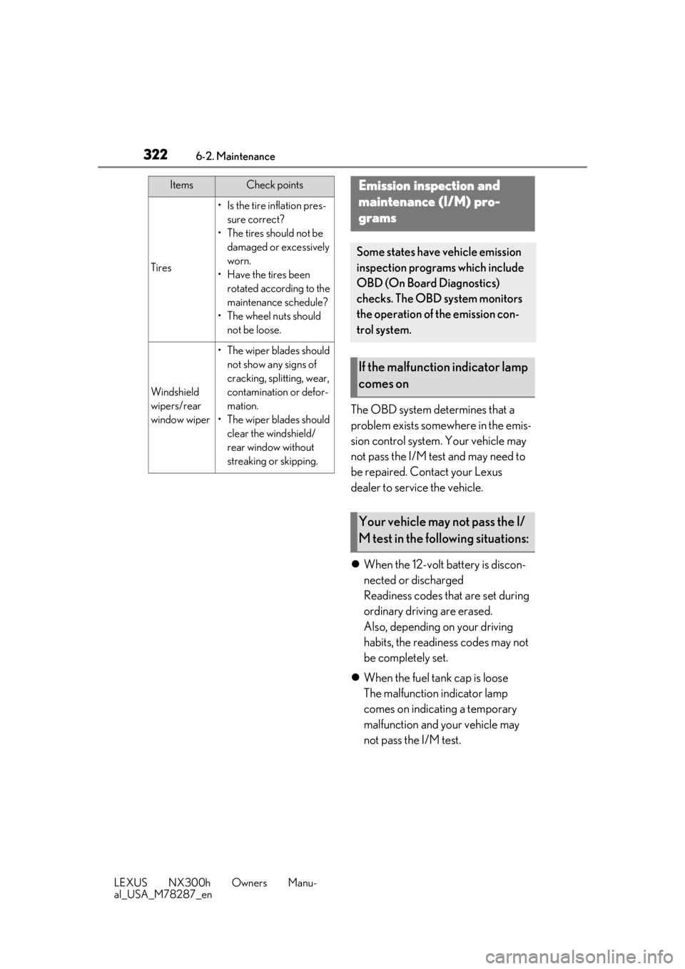 LEXUS NX300H 2019 Owners Manual 3226-2. Maintenance
LEXUS NX300h Owners Manu-
al_USA_M78287_en
The OBD system determines that a
problem exists somewhere in the emis-
sion control system. Your vehicle may
not pass the I/M test and LEXUS NX300H 2019 Owners Manual 3226-2. Maintenance
LEXUS NX300h Owners Manu-
al_USA_M78287_en
The OBD system determines that a
problem exists somewhere in the emis-
sion control system. Your vehicle may
not pass the I/M test and
